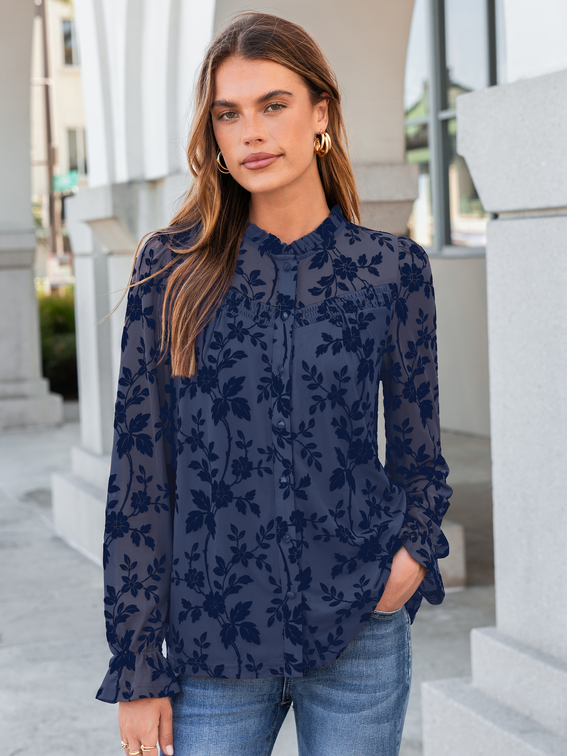 Flocked Floral Ruffled Mesh Long Sleeve Blouse - Navy Blue