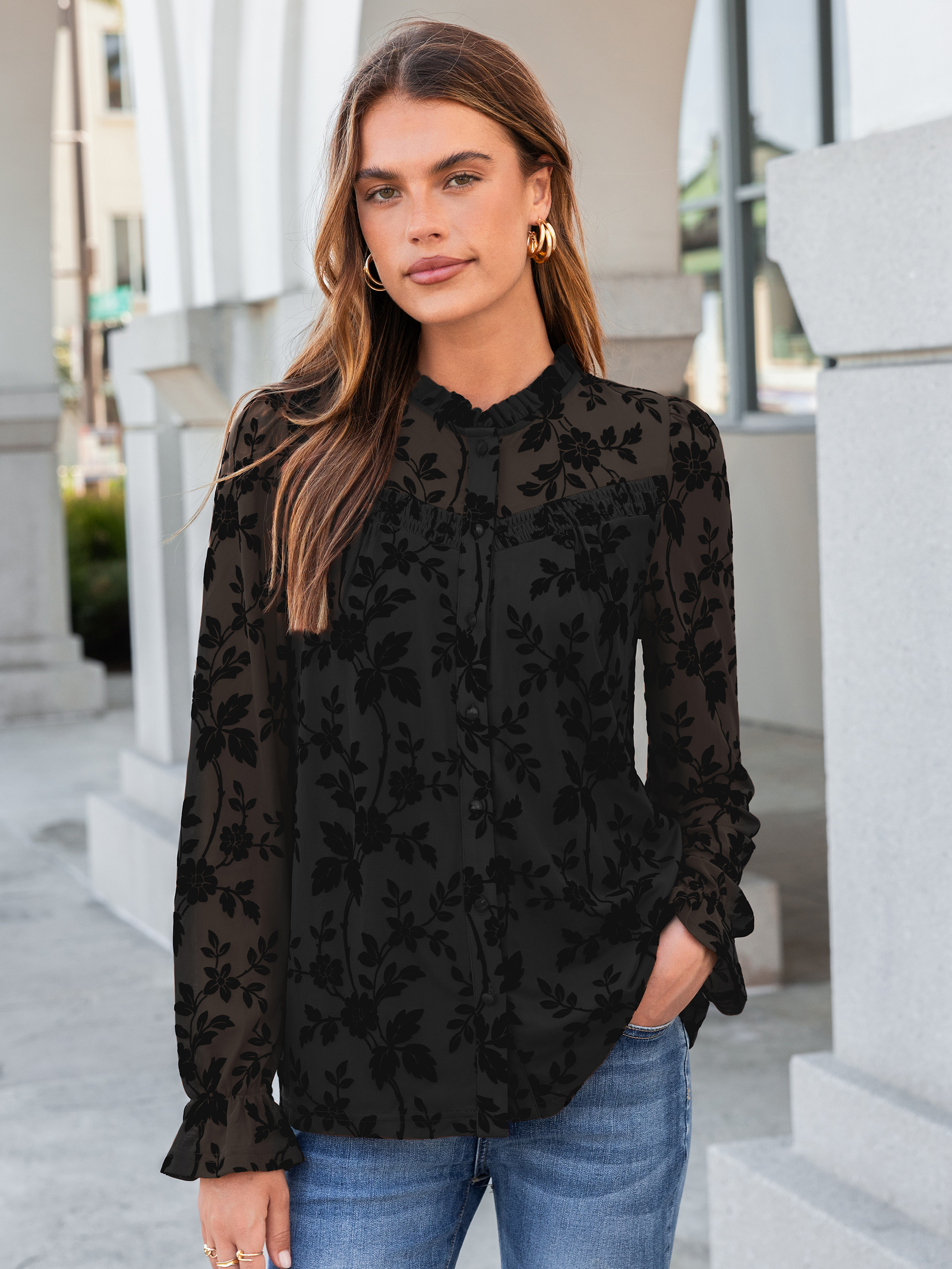 Flocked Floral Ruffled Mesh Long Sleeve Blouse - Black