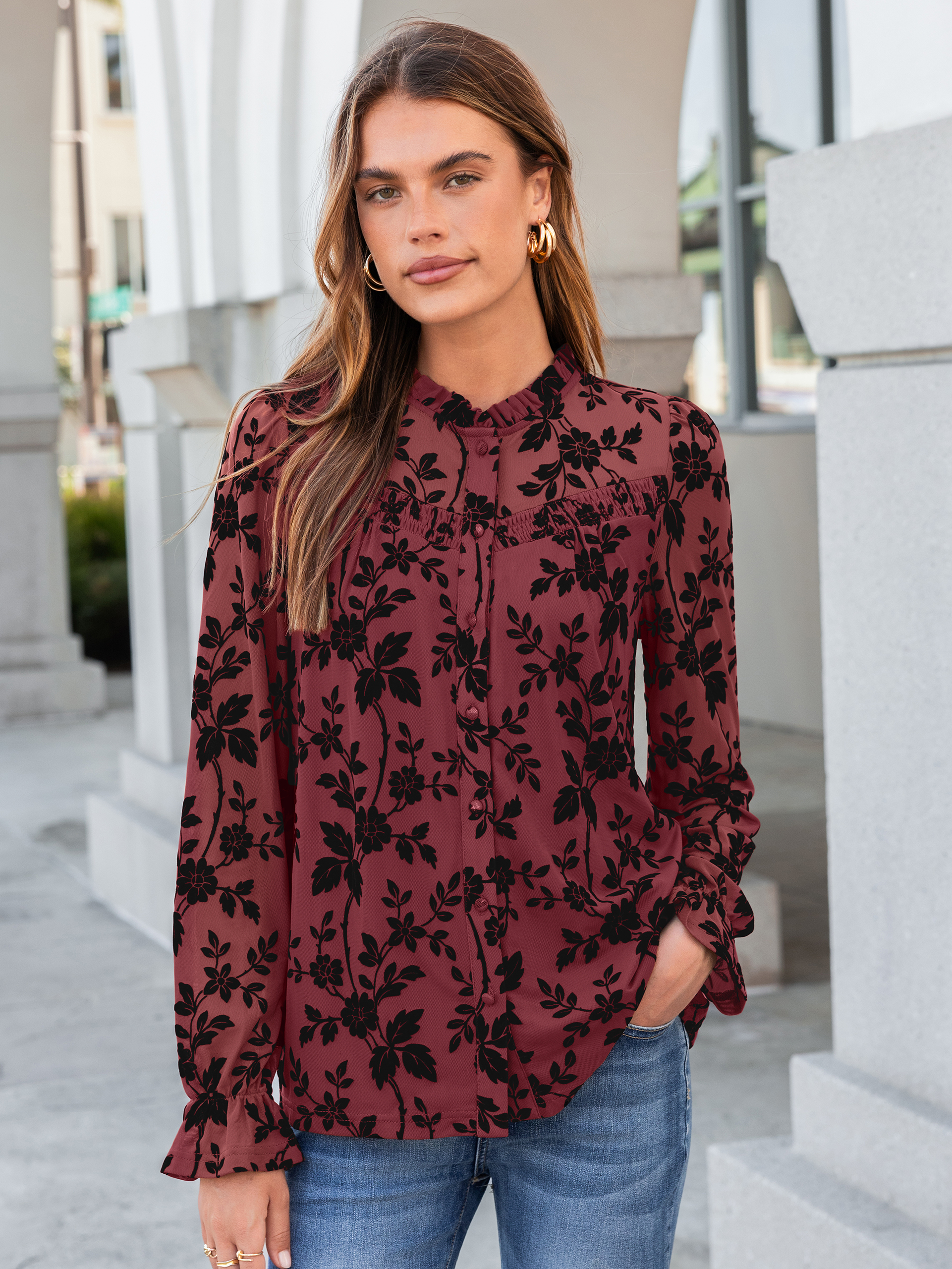 Flocked Floral Ruffled Mesh Long Sleeve Blouse - Wine Red