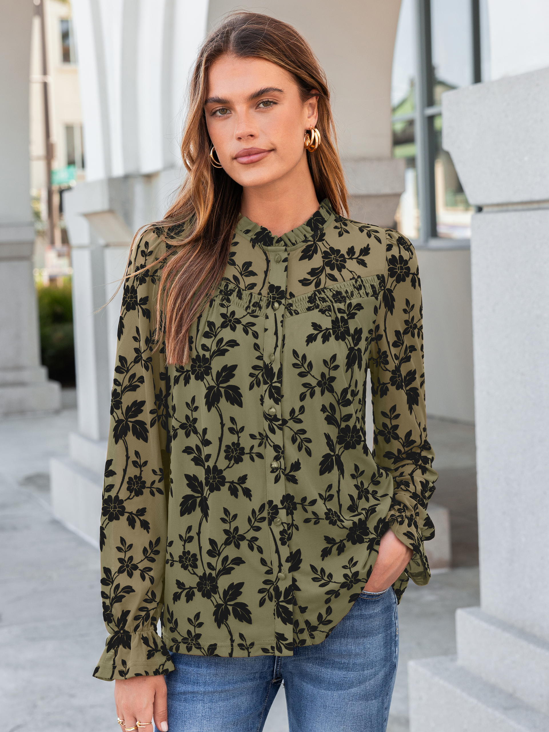 Flocked Floral Ruffled Mesh Long Sleeve Blouse - Army Green