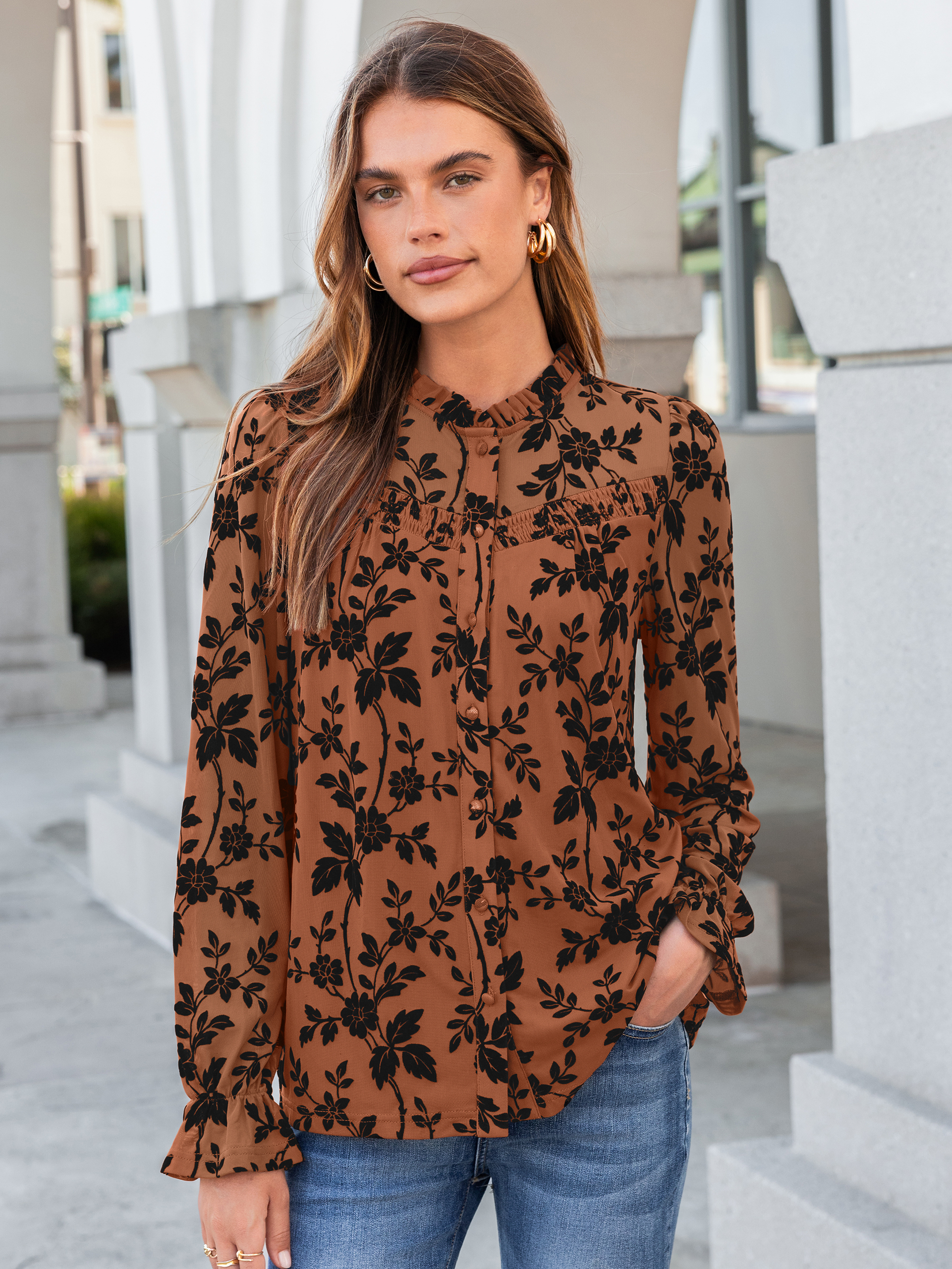 Flocked Floral Ruffled Mesh Long Sleeve Blouse - Brown Orange