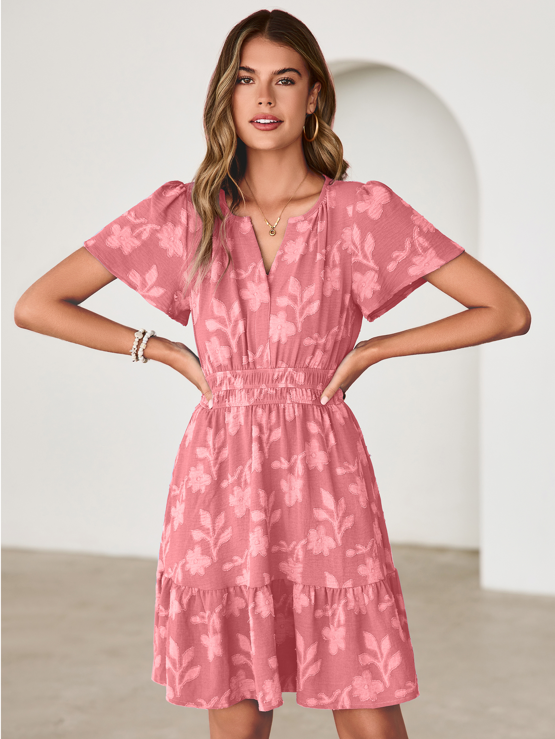 Floral Jacquard V Neck Short Sleeve Mini Dress - Rust Pink