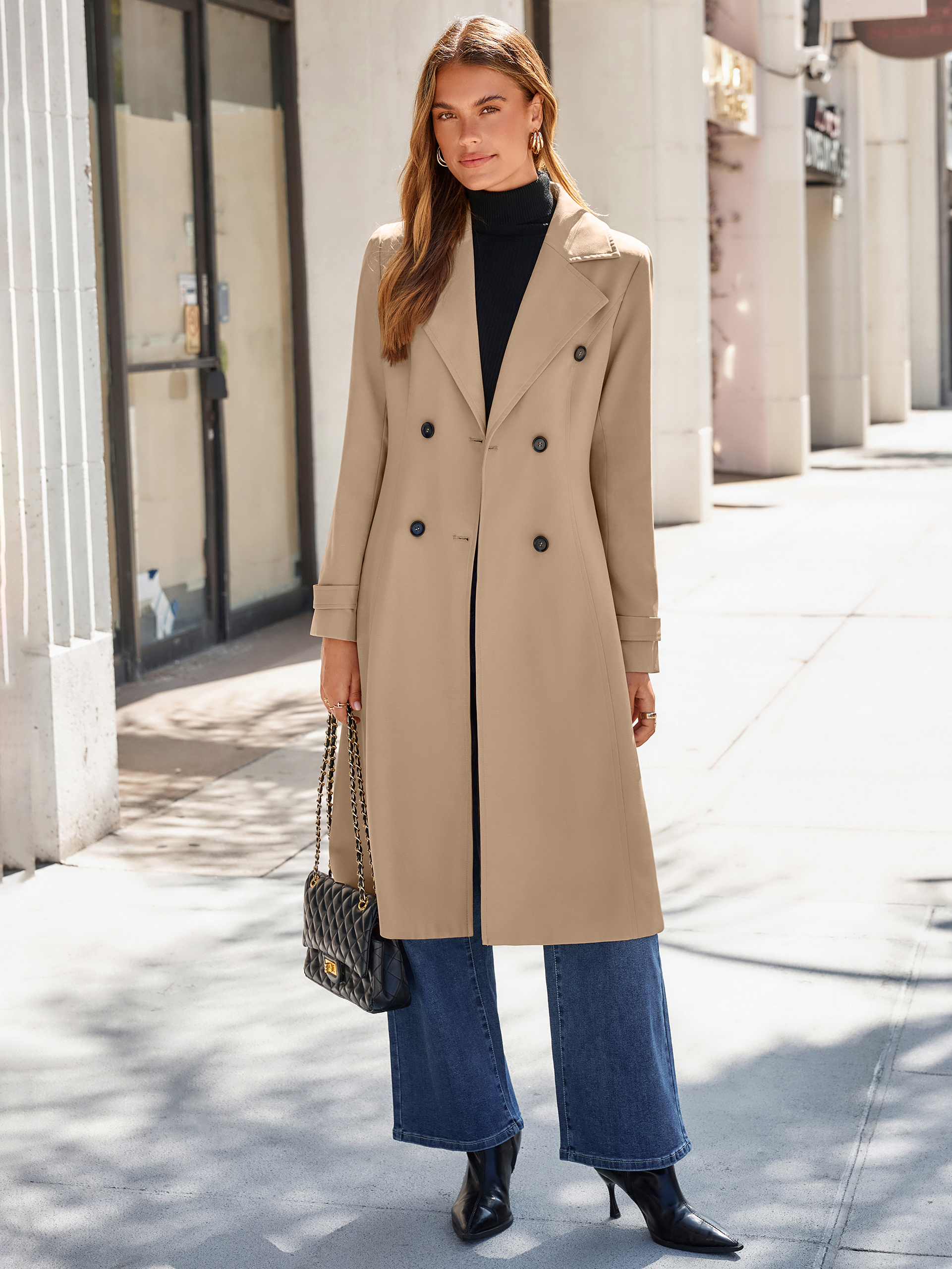 Oversized Double-Breasted Long Trench Coat - Khaki