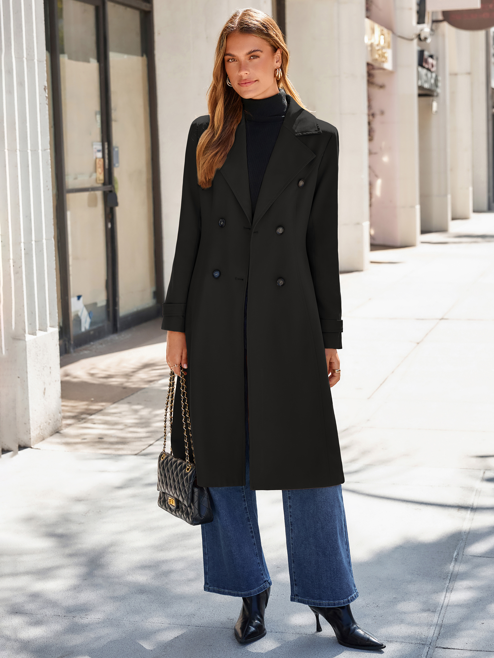 Oversized Double-Breasted Long Trench Coat - Black