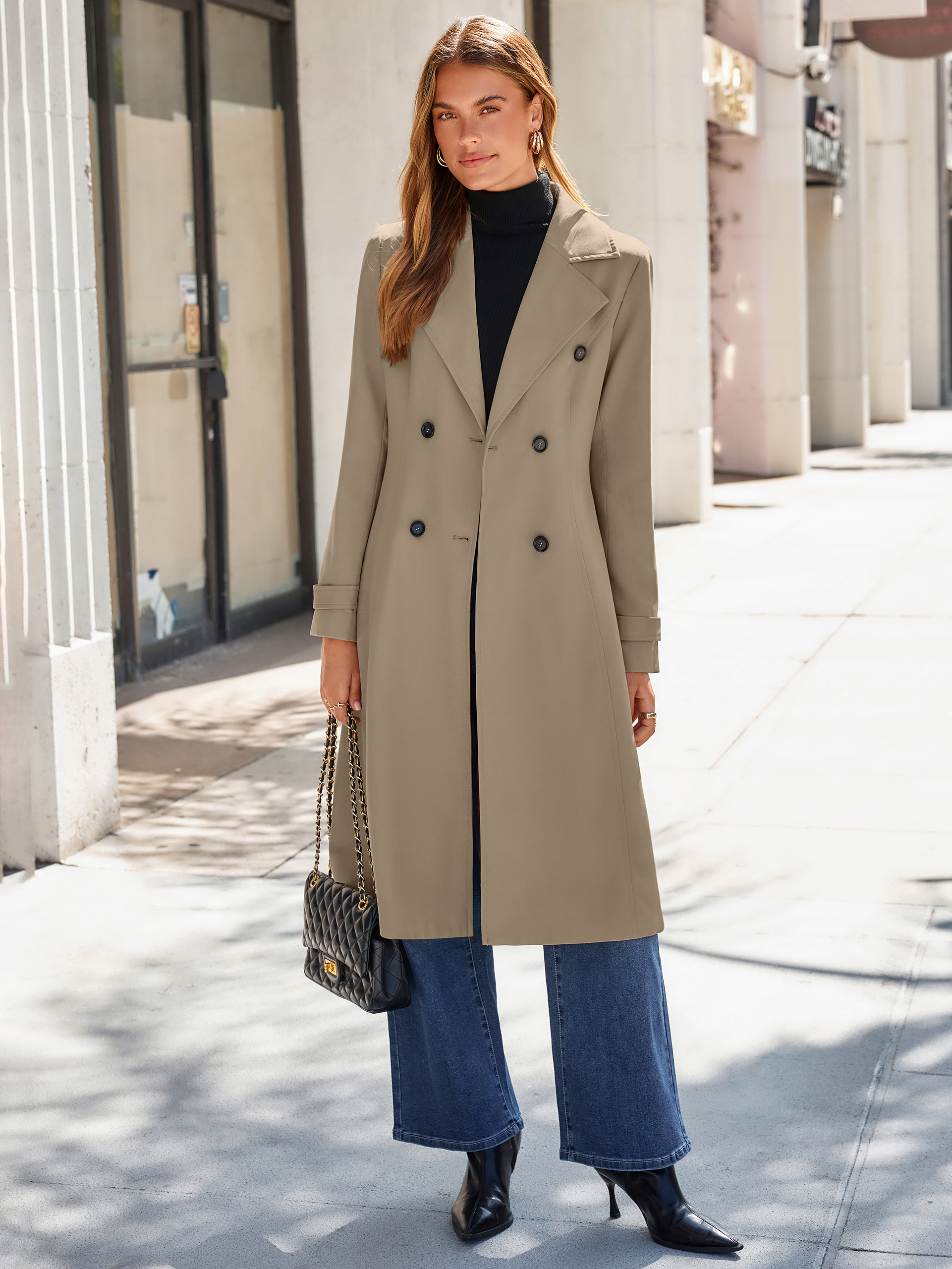 Oversized Double-Breasted Long Trench Coat - Light Camel