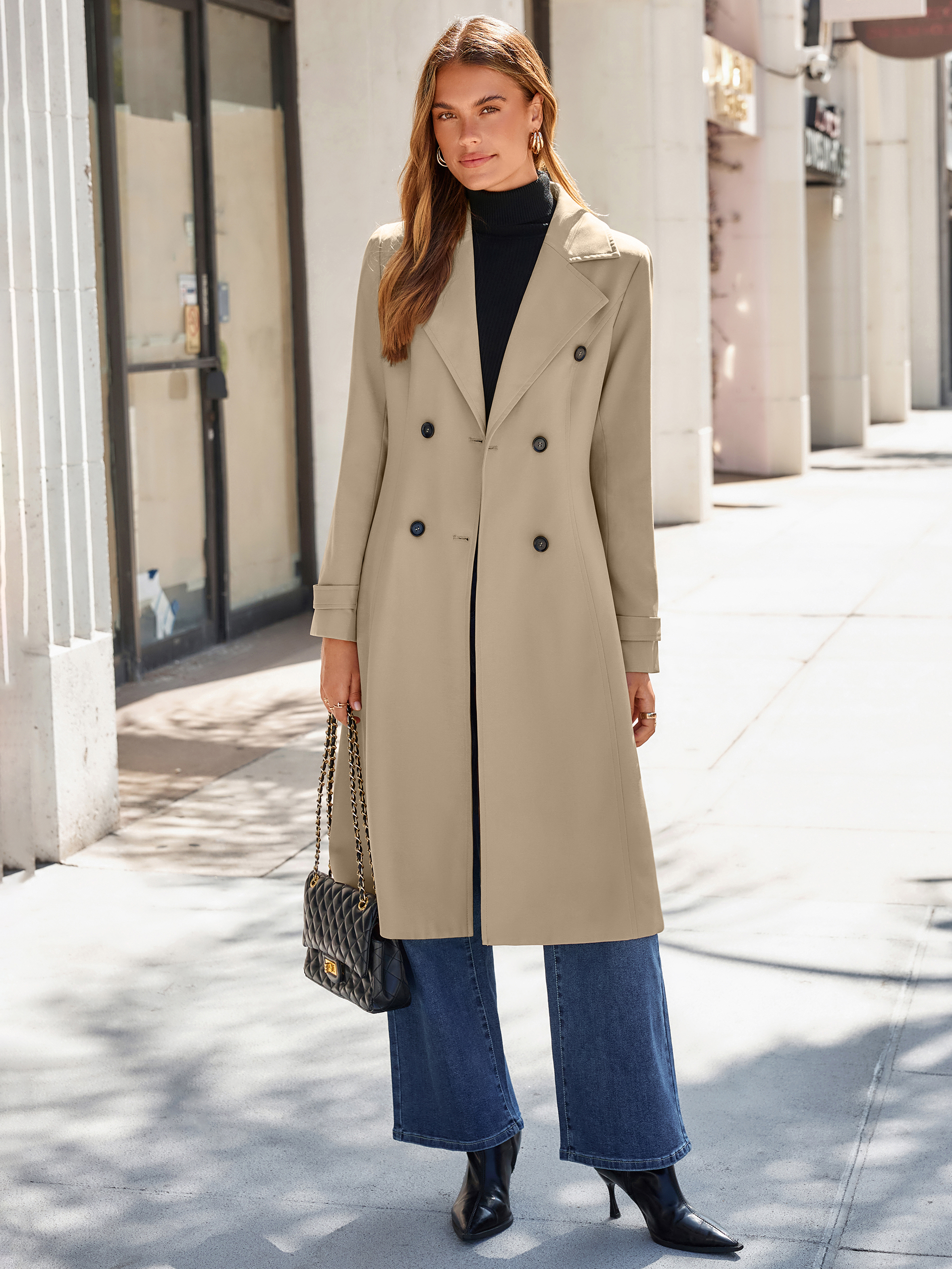 Oversized Double-Breasted Long Trench Coat - Olive Khaki