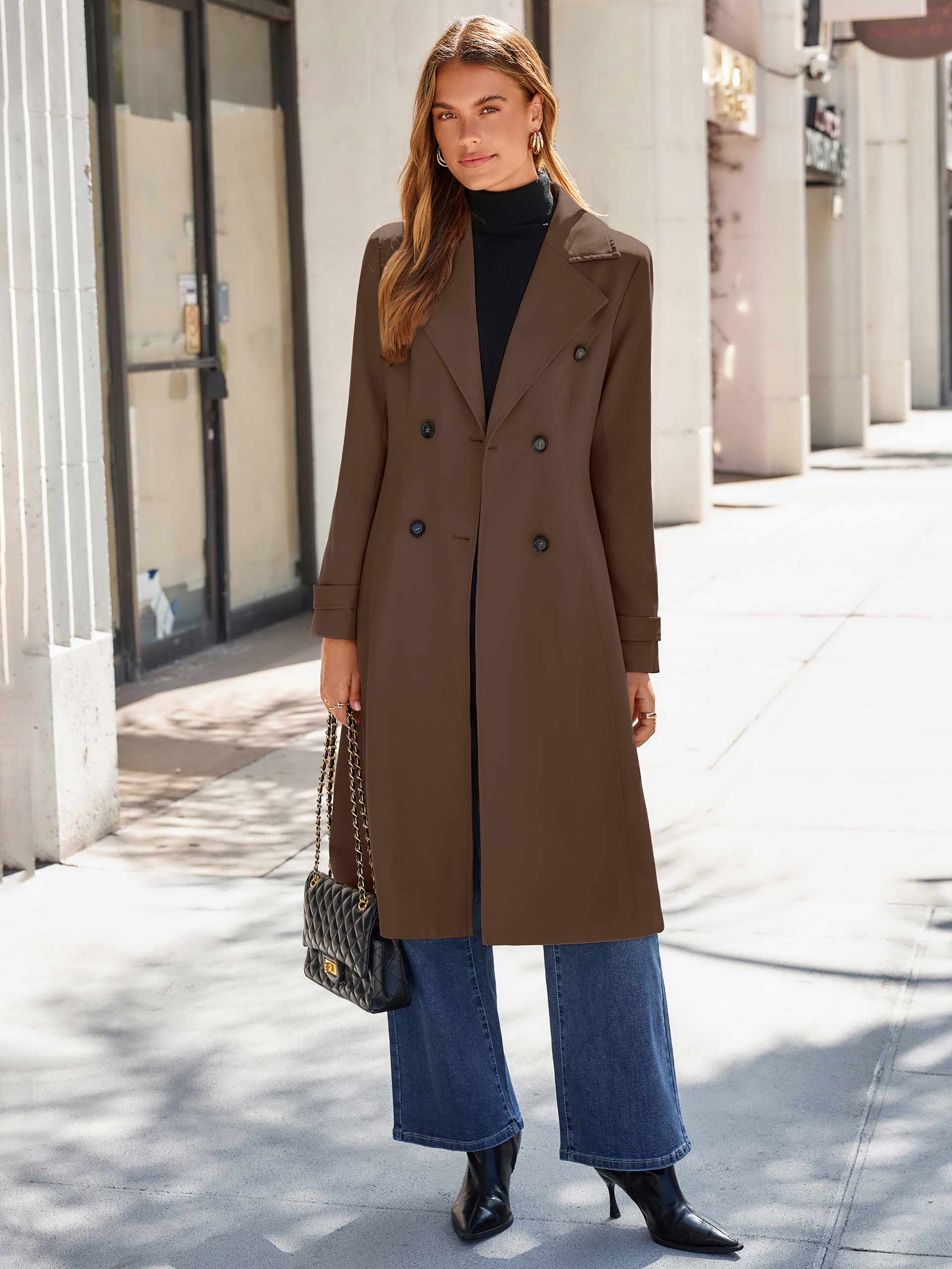 Oversized Double-Breasted Long Trench Coat - Brown