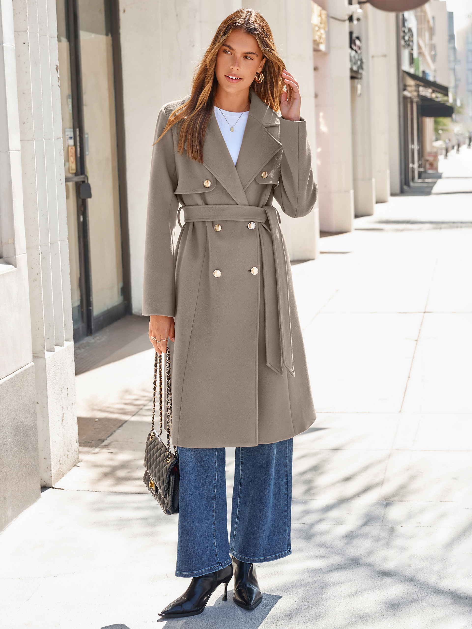 Double Breasted Belted Wool Blend Coat