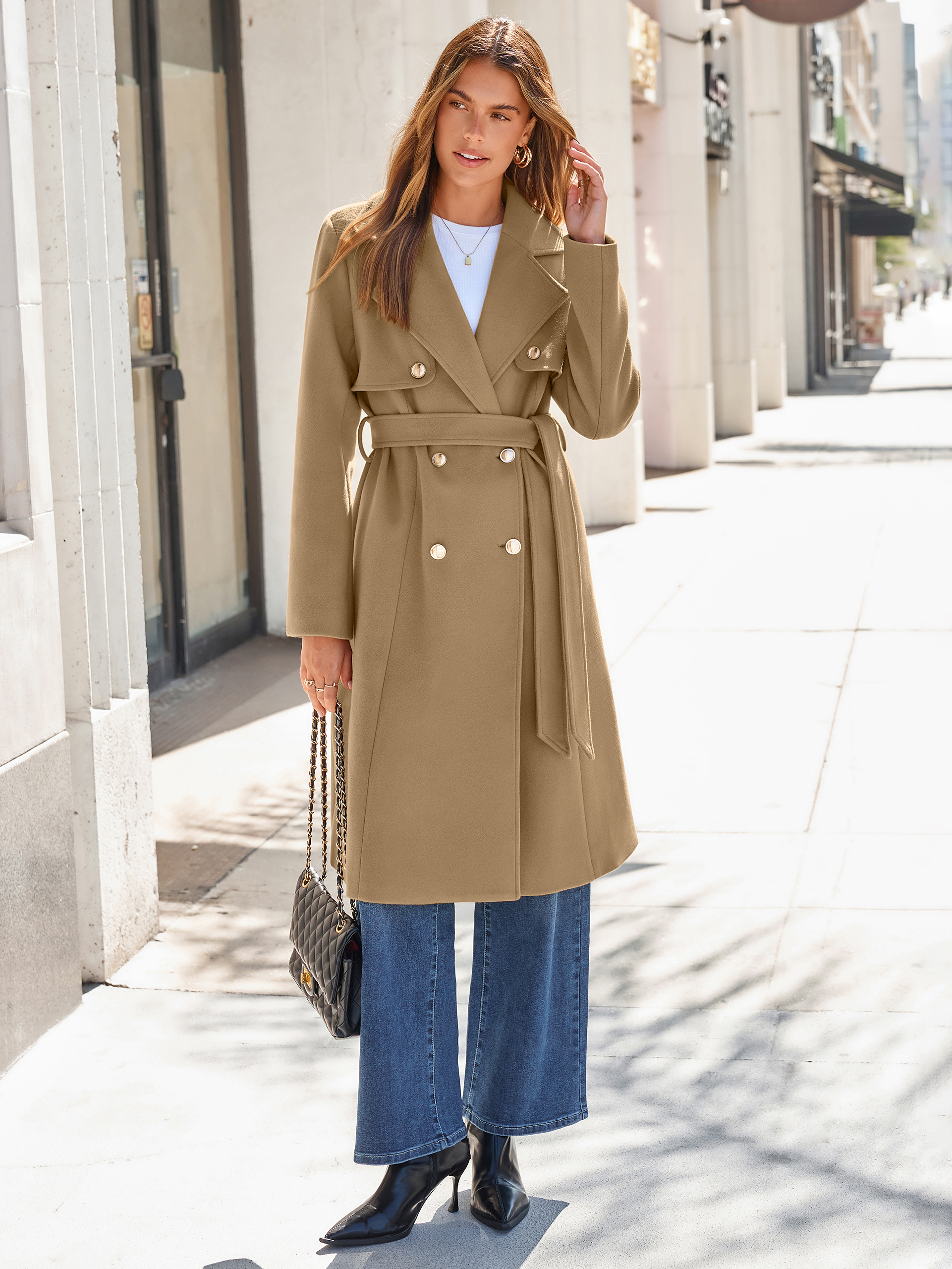 Double Breasted Belted Wool Blend Coat