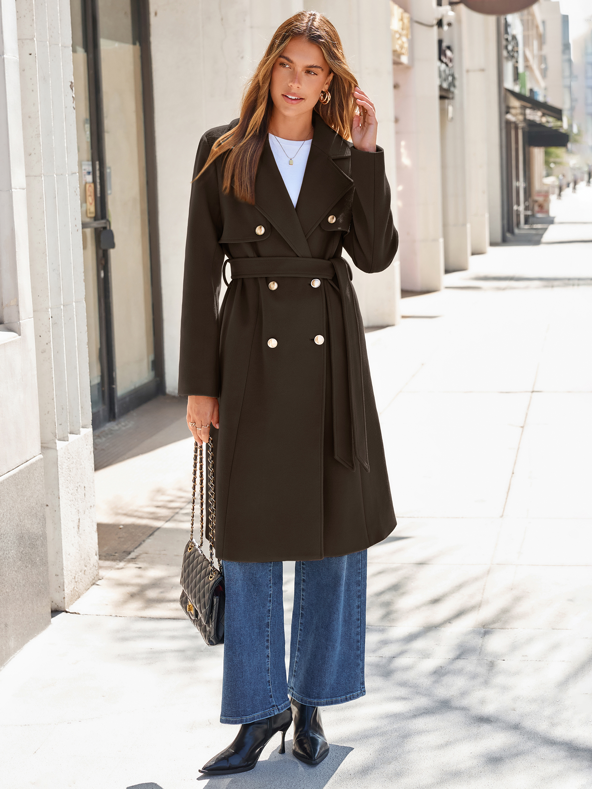 Double Breasted Belted Wool Blend Coat
