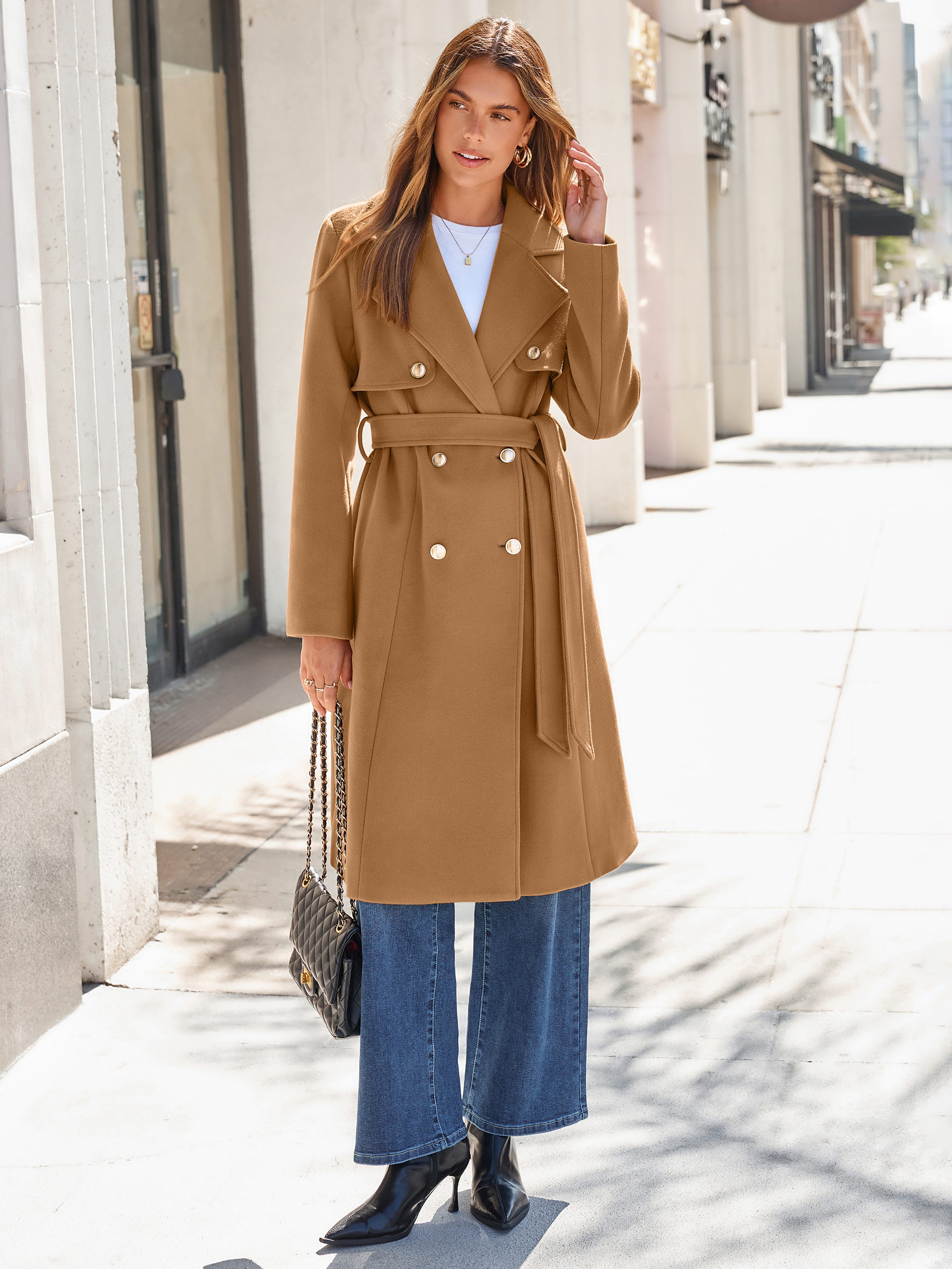 Double Breasted Belted Wool Blend Coat