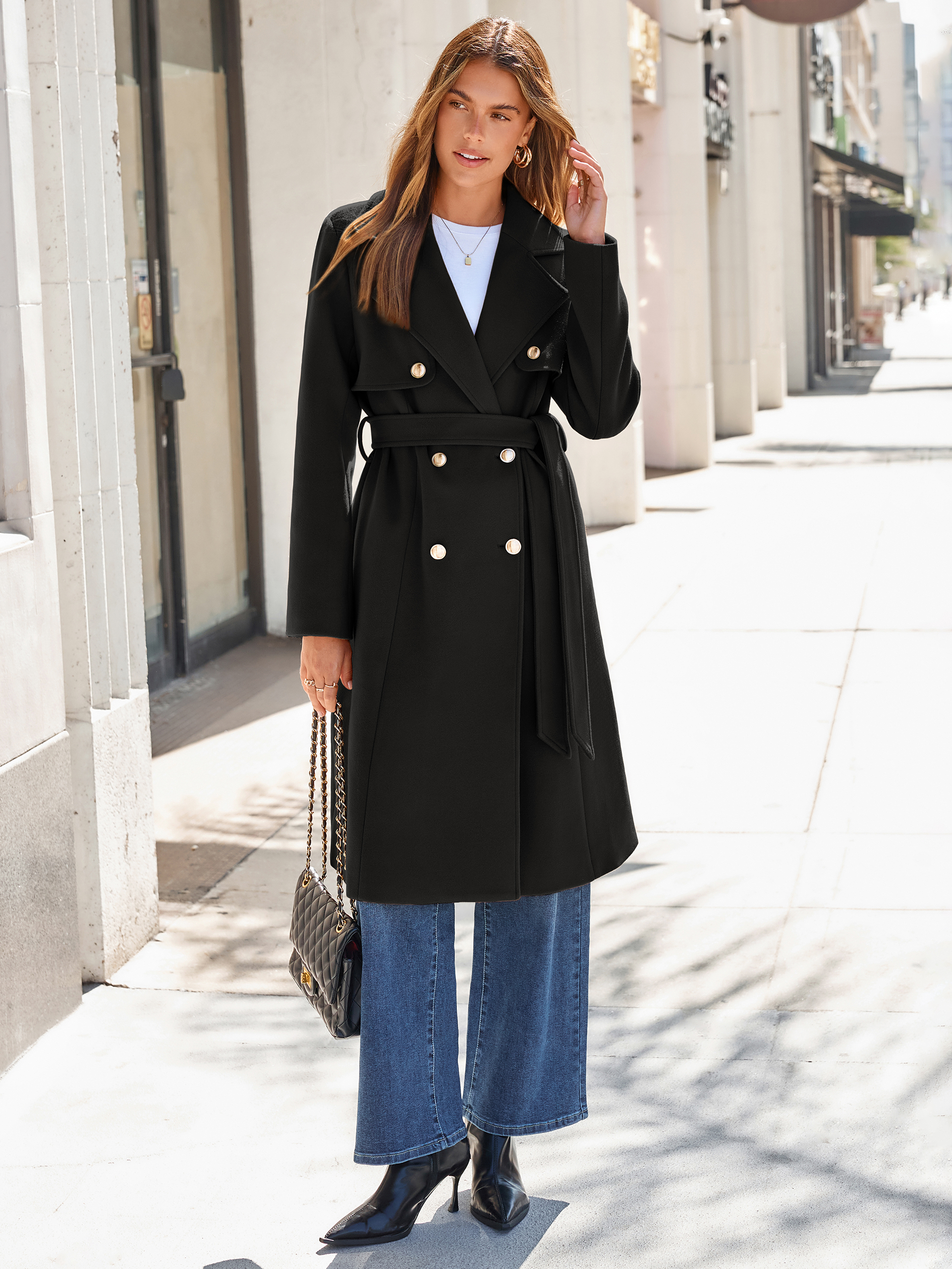 Double Breasted Belted Wool Blend Coat