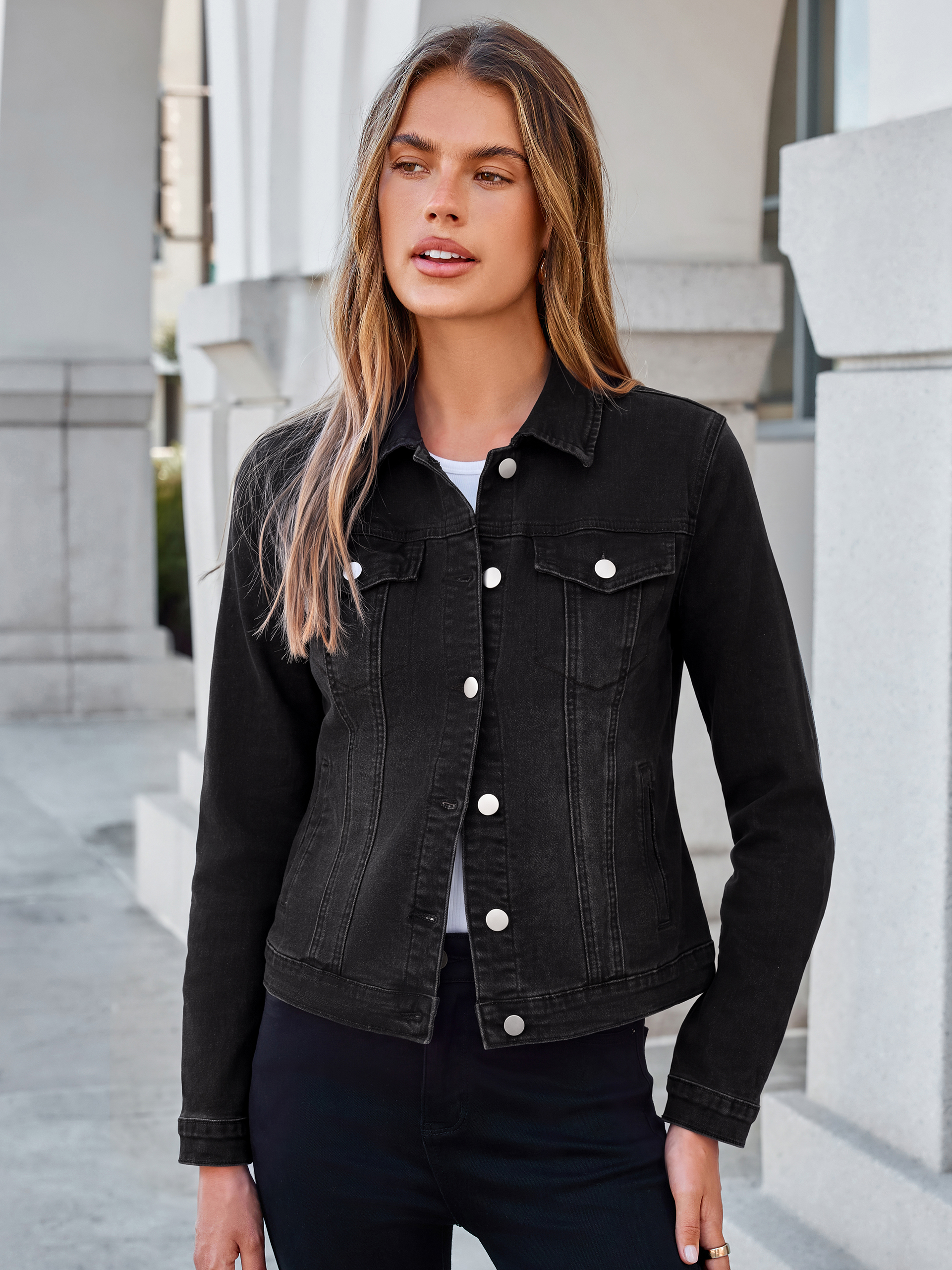Cropped Button Down Stretch Fitted Denim Jacket