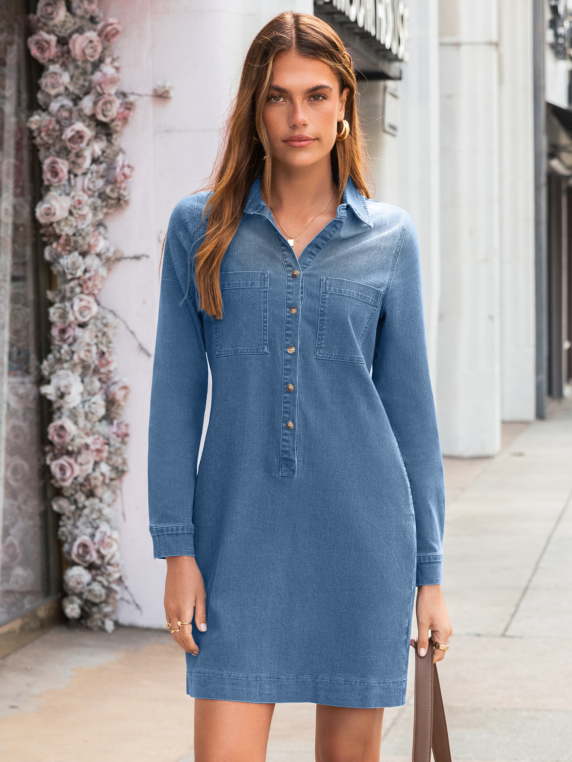 Long Sleeve Pocket Denim Mini Shirt Dress - Denim Blue