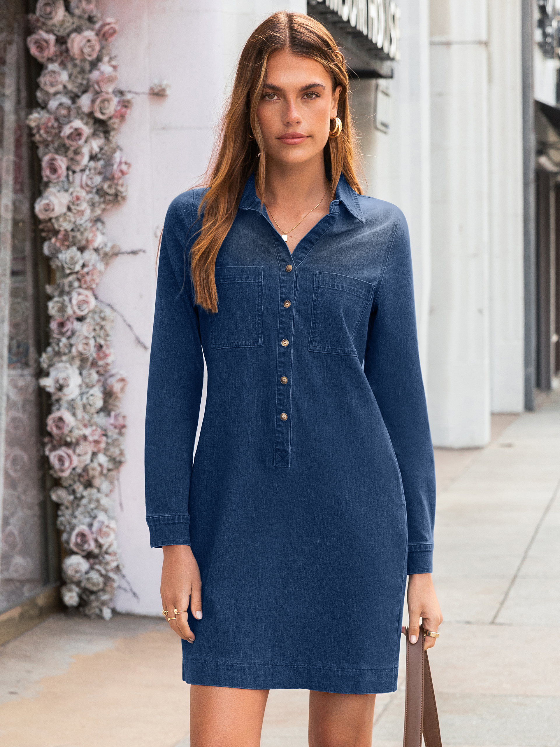 Long Sleeve Pocket Denim Mini Shirt Dress - Denim Navy Blue