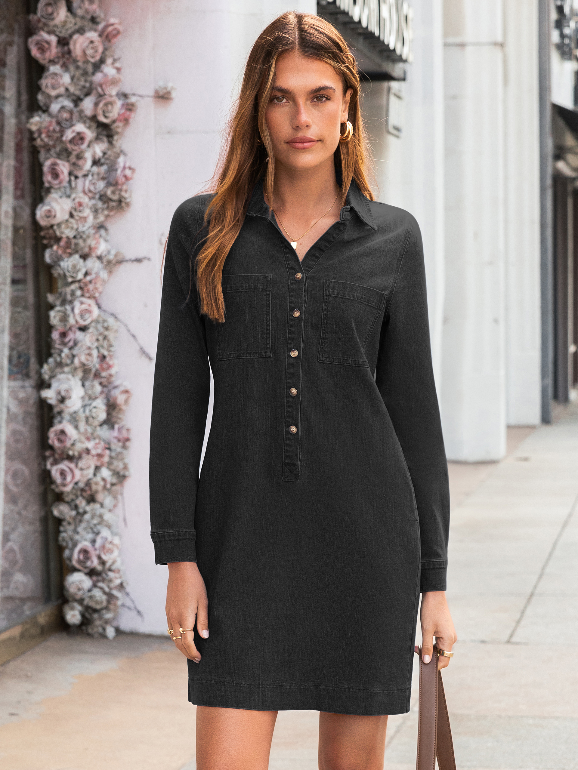 Long Sleeve Pocket Denim Mini Shirt Dress - Denim Black