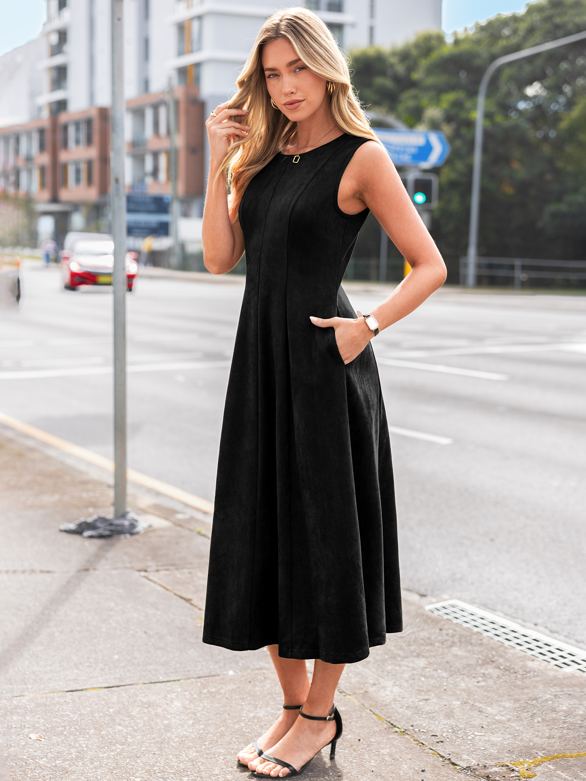 Belted Faux Suede A-Line Sleeveless Midi Dress