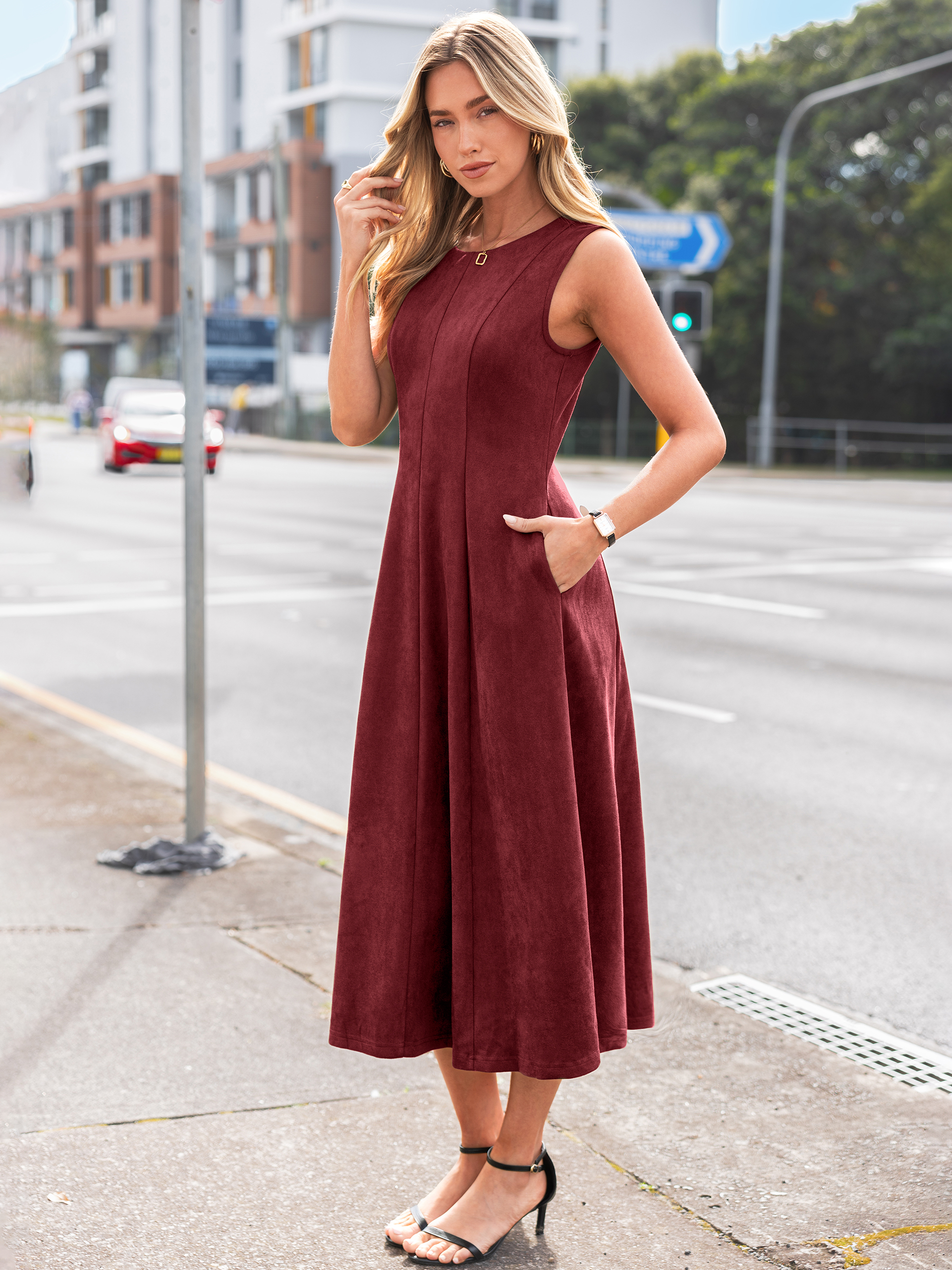 Belted Faux Suede A-Line Sleeveless Midi Dress
