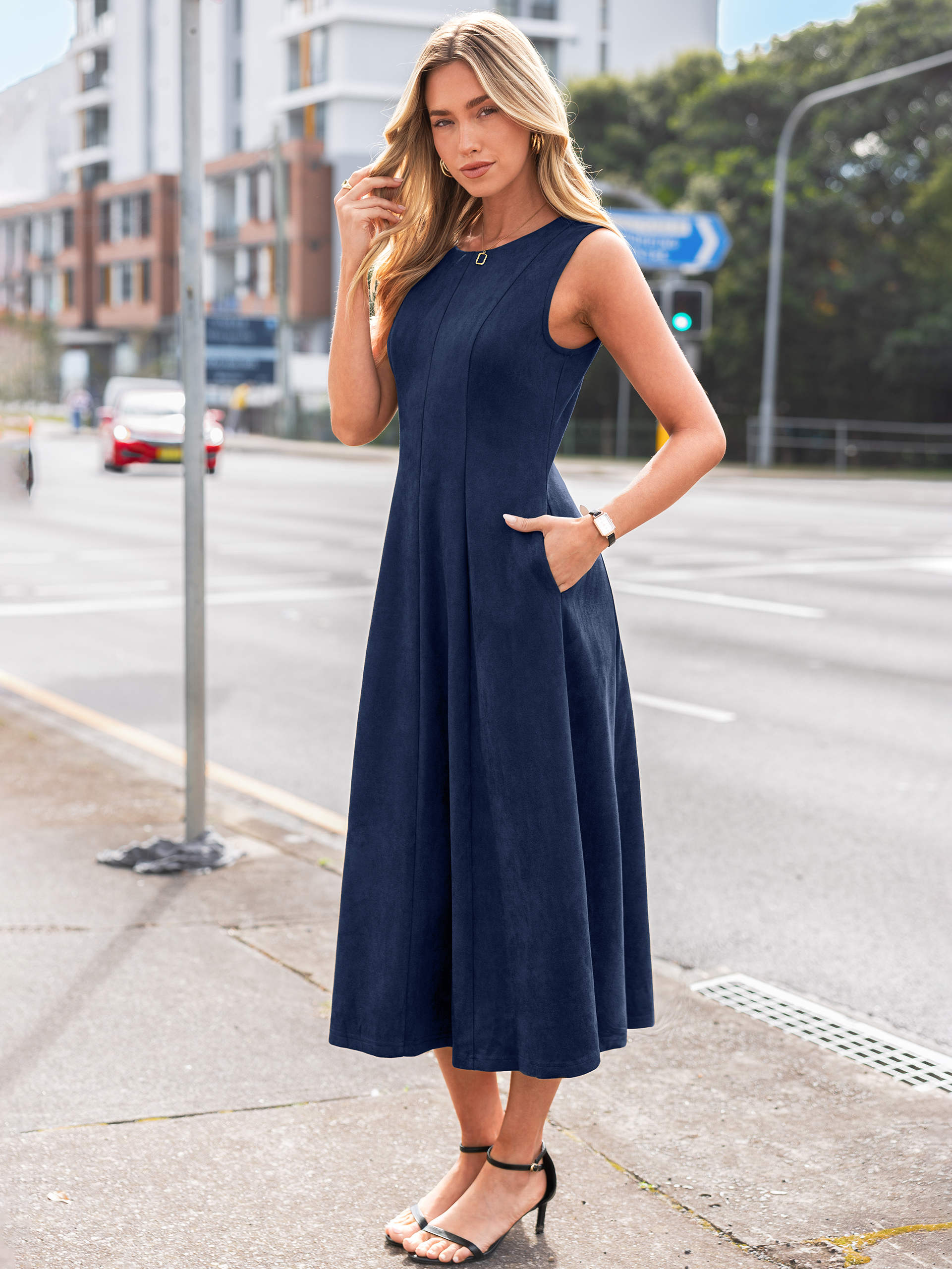 Belted Faux Suede A-Line Sleeveless Midi Dress