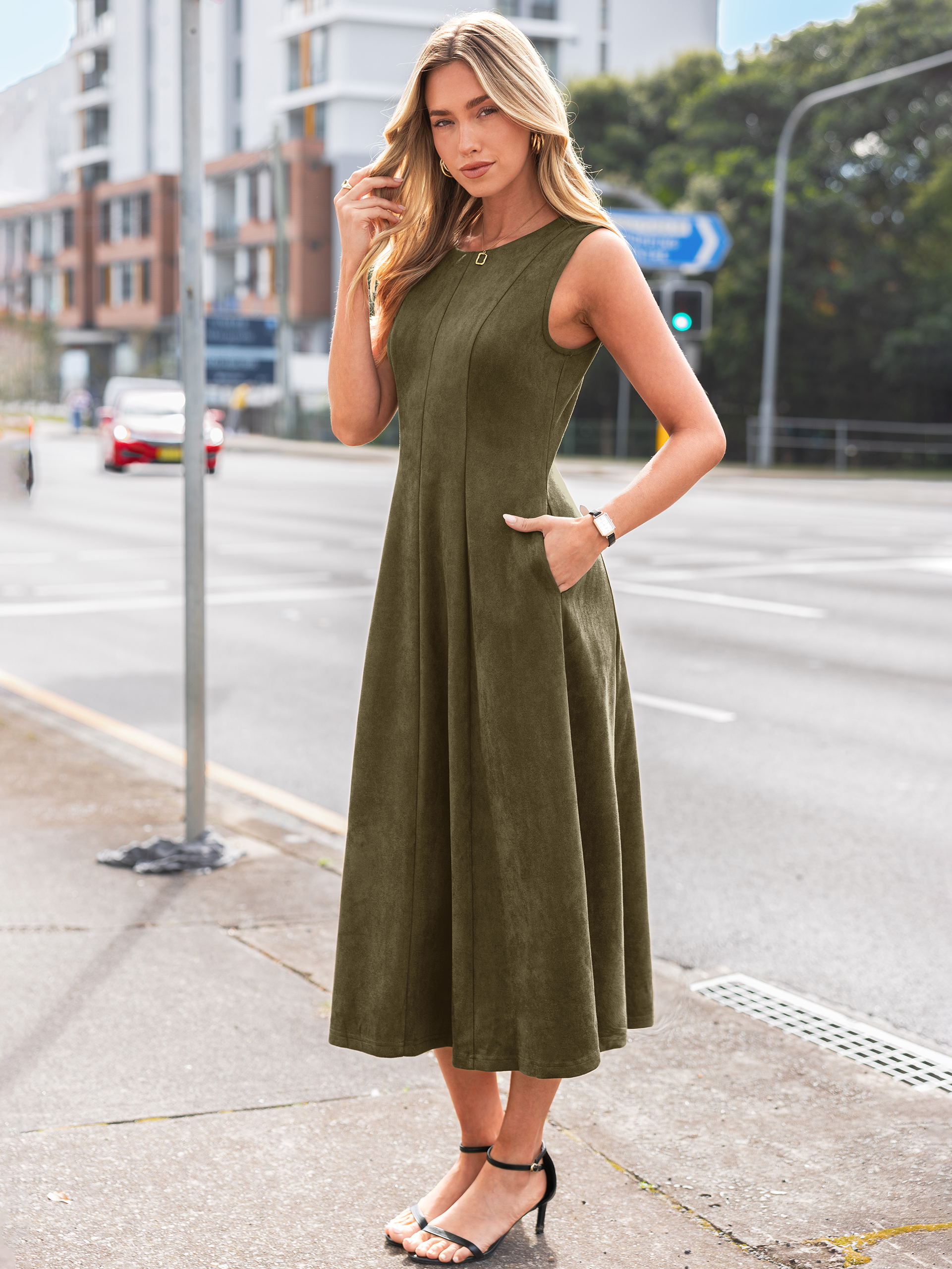 Belted Faux Suede A-Line Sleeveless Midi Dress