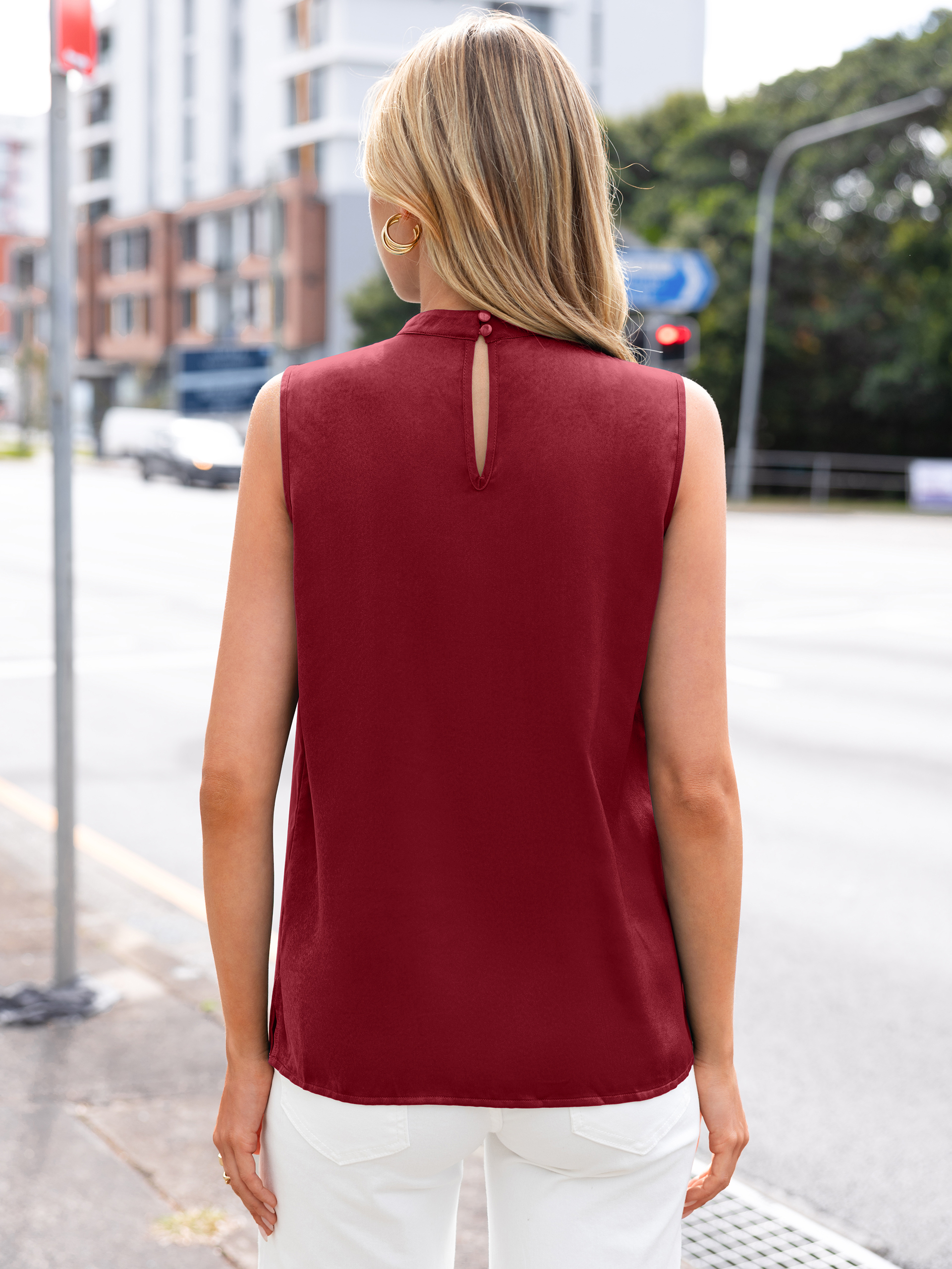 Satin Mock Neck Keyhole Tank Tops