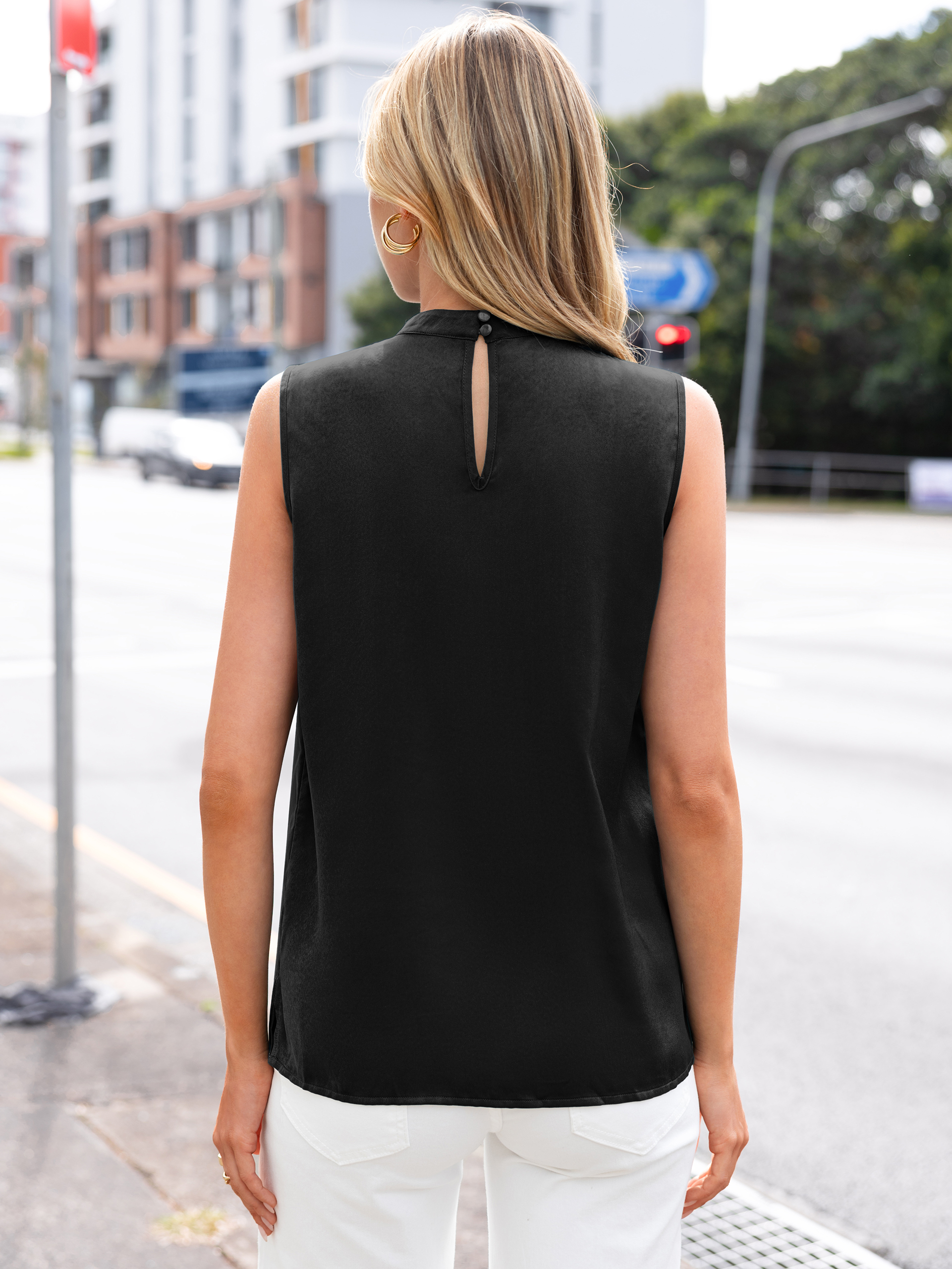 Satin Mock Neck Keyhole Tank Tops