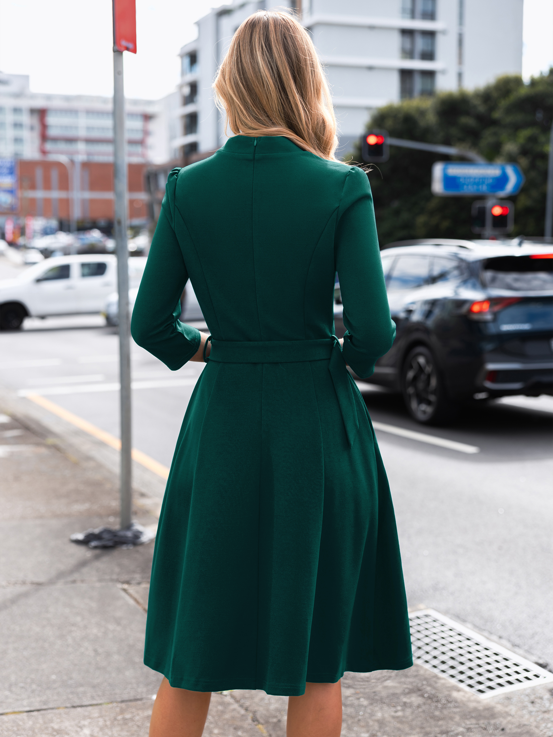 Stand Collar Notched V-Neck Belted A-Line Midi Dress