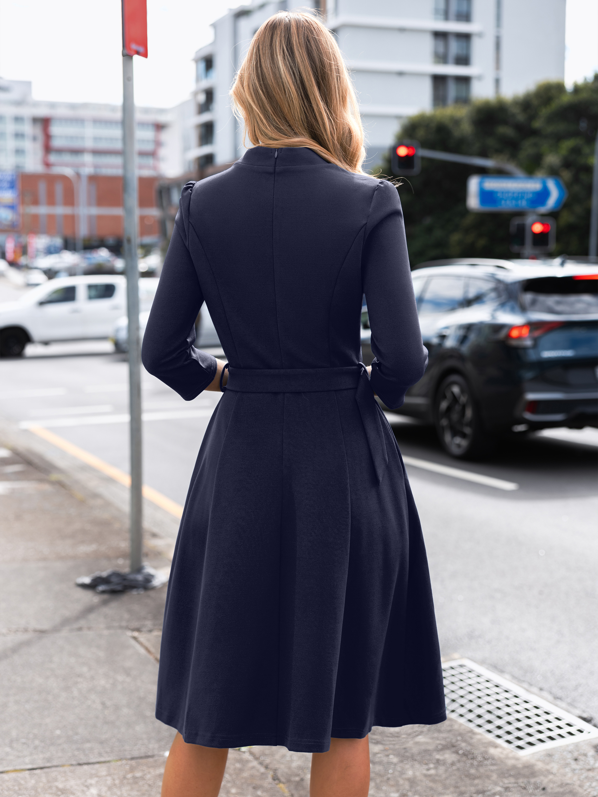 Stand Collar Notched V-Neck Belted A-Line Midi Dress