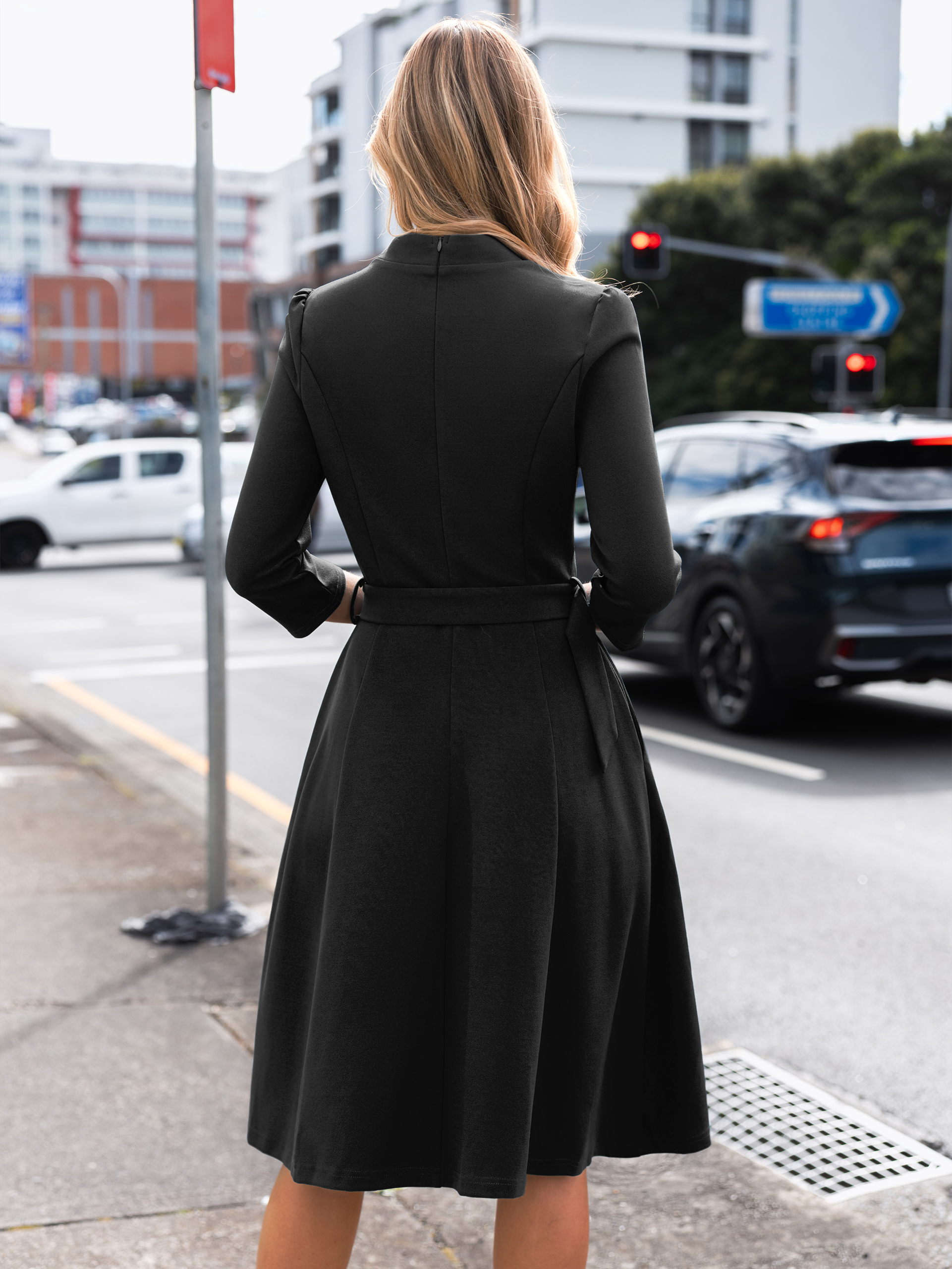 Stand Collar Notched V-Neck Belted A-Line Midi Dress
