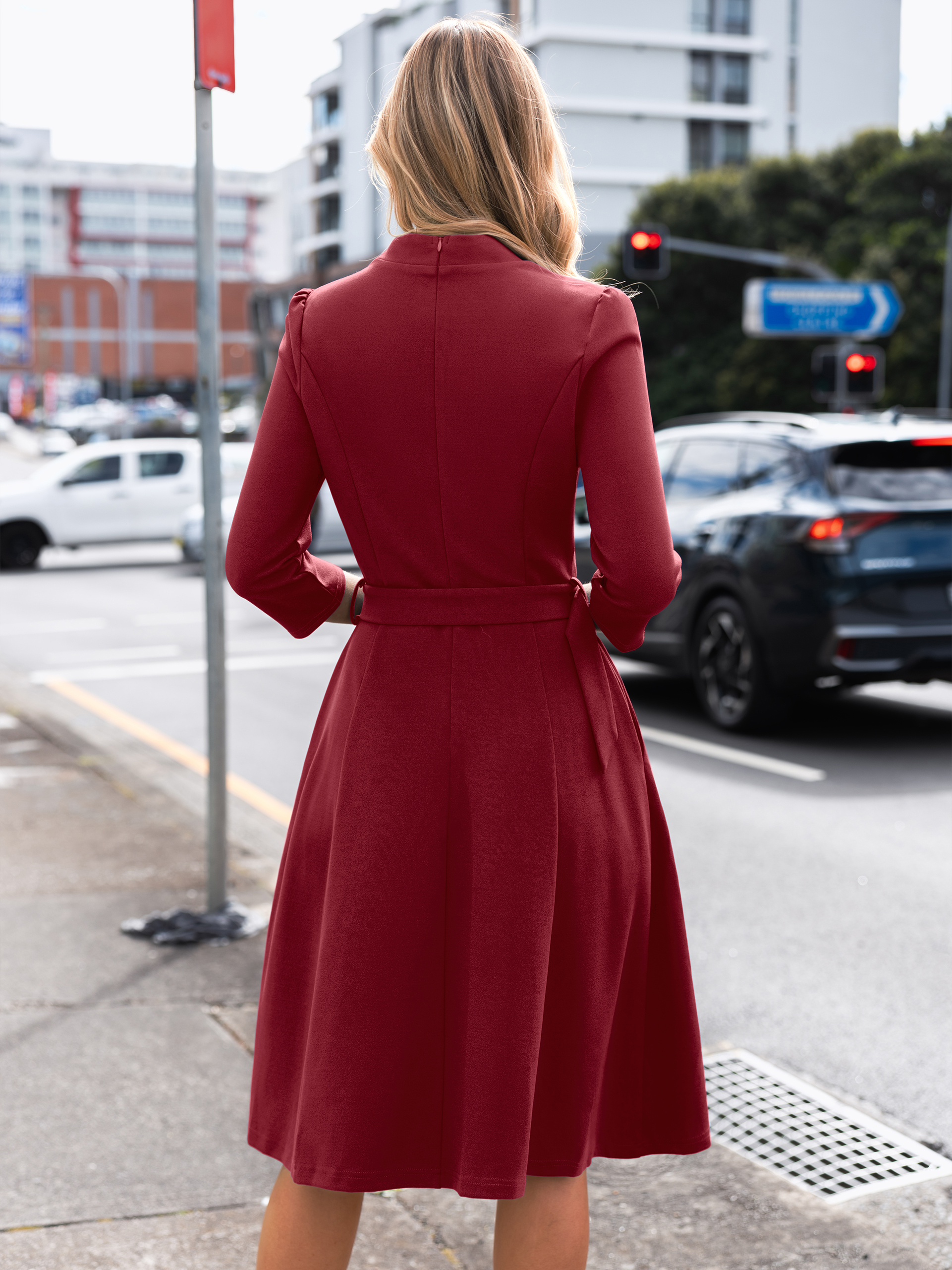 Stand Collar Notched V-Neck Belted A-Line Midi Dress
