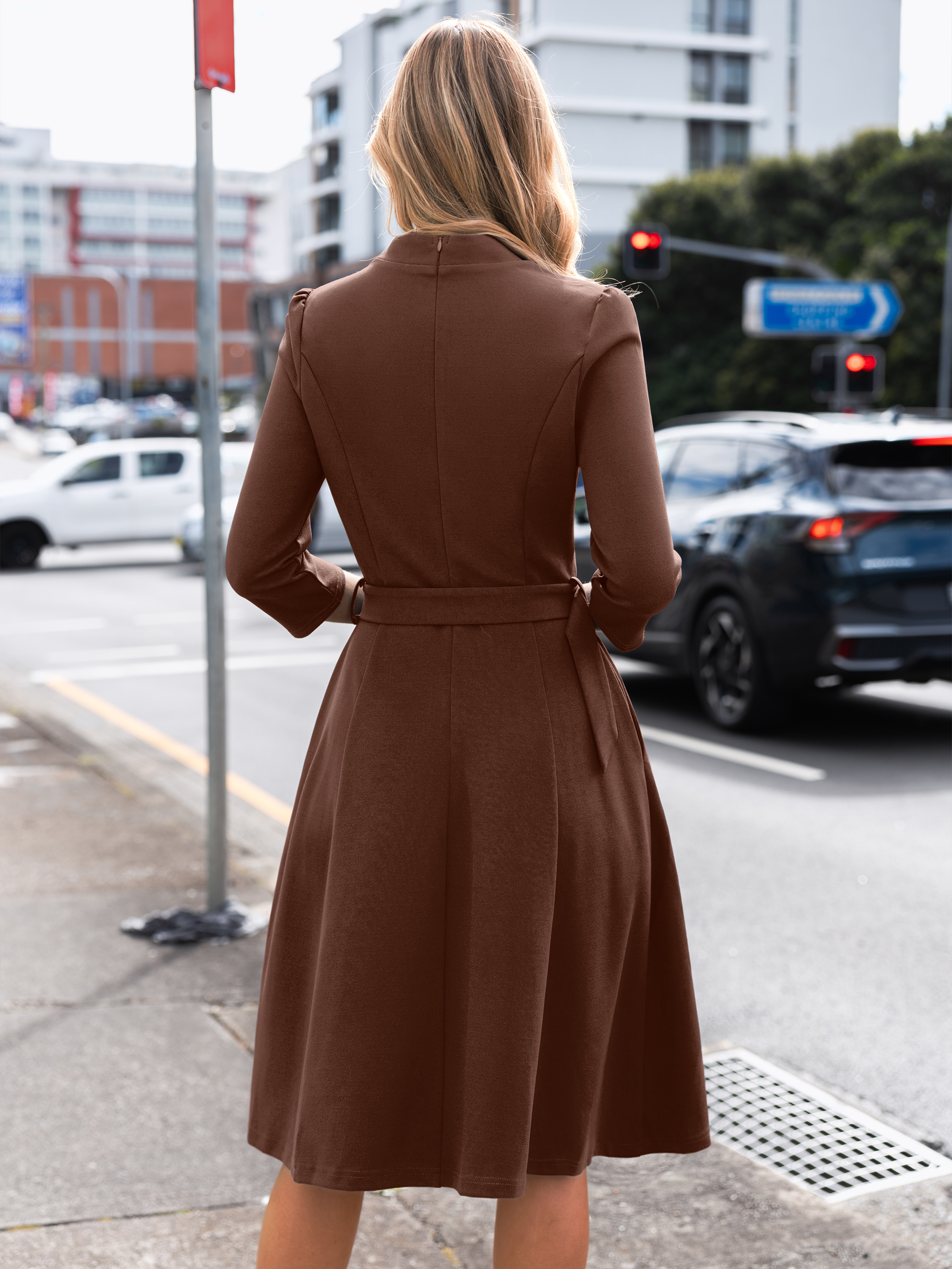 Stand Collar Notched V-Neck Belted A-Line Midi Dress
