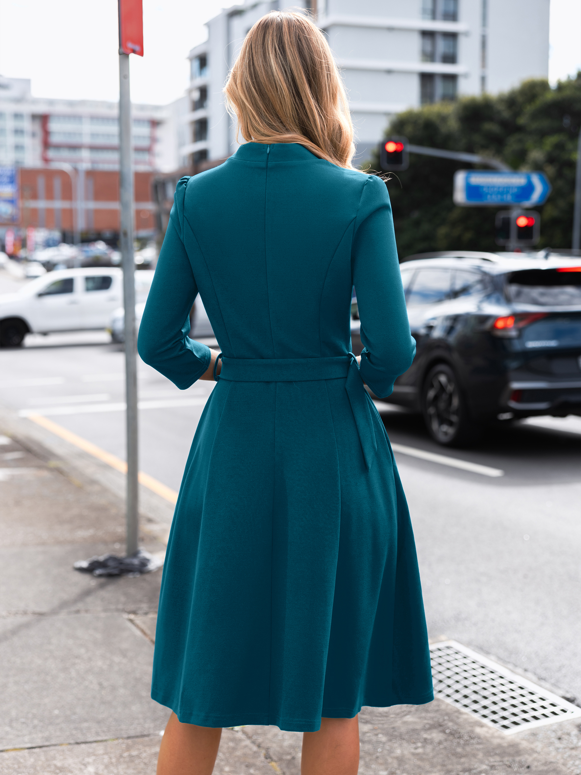 Stand Collar Notched V-Neck Belted A-Line Midi Dress