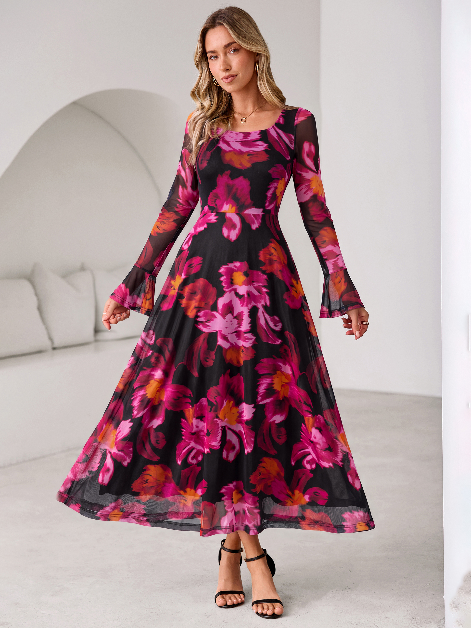Square Neck Floral Mesh Bell Sleeve Maxi Dress - Black Red Floral