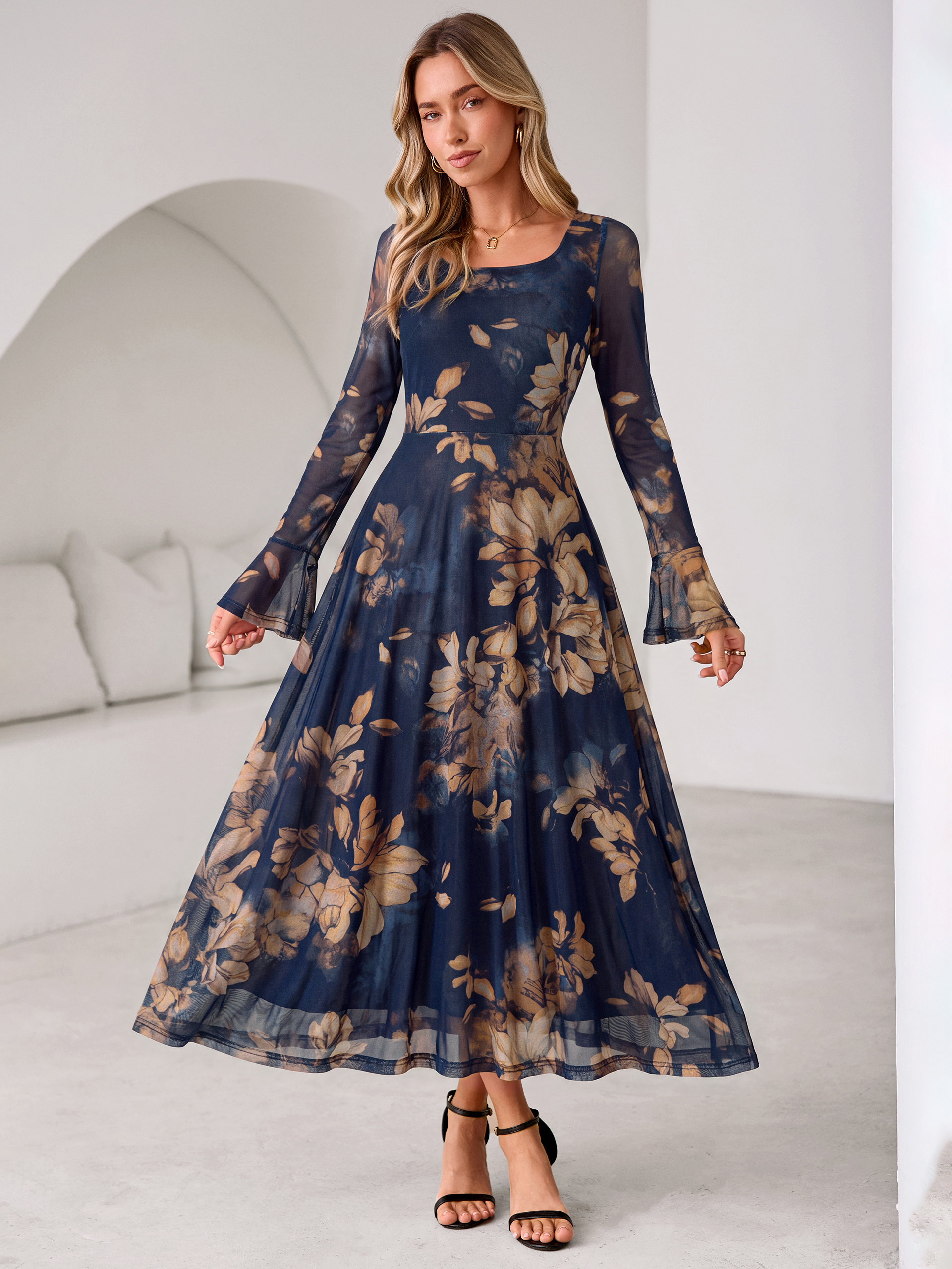Square Neck Floral Mesh Bell Sleeve Maxi Dress - Navy Blue Yellow Floral