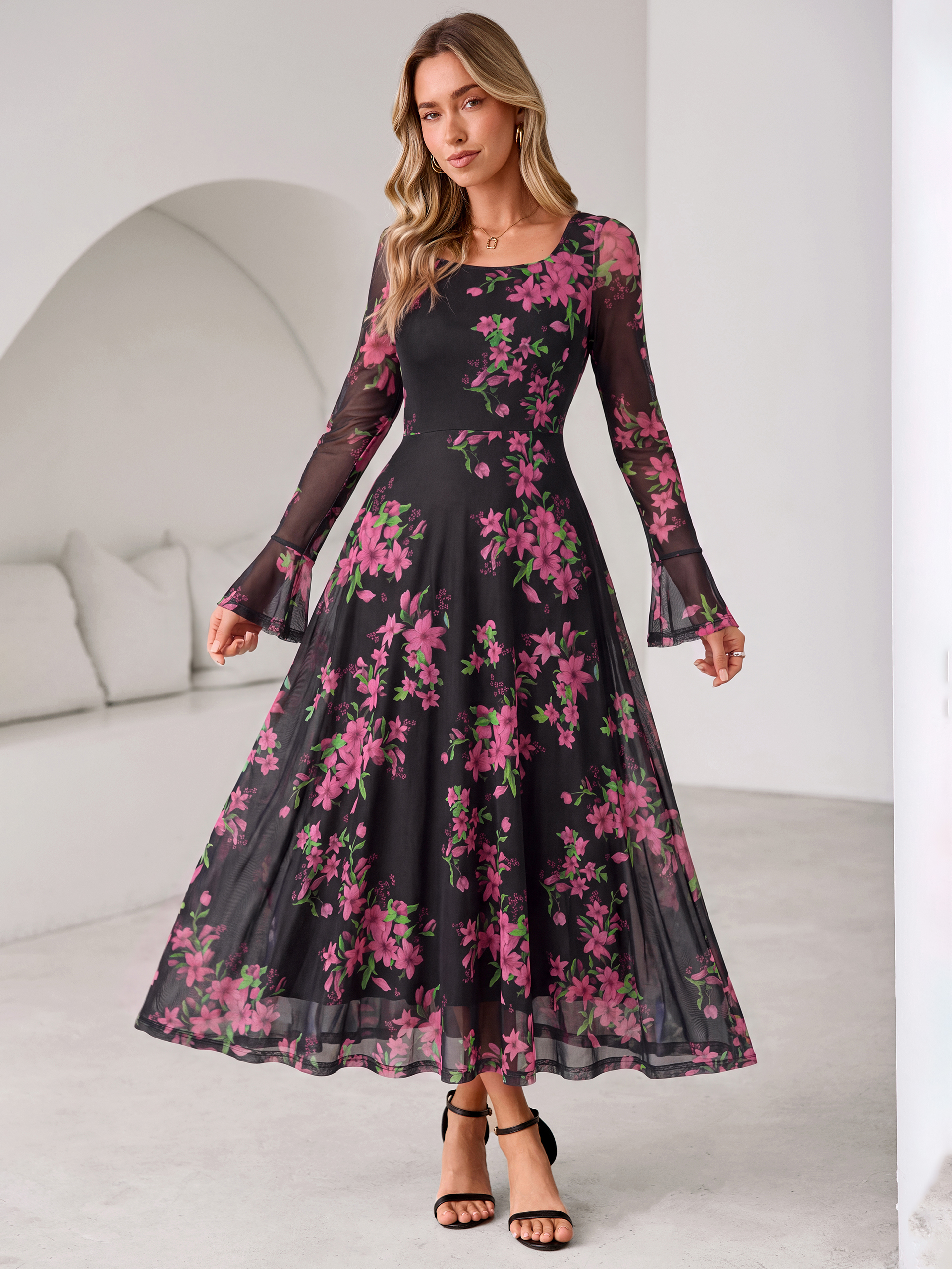 Square Neck Floral Mesh Bell Sleeve Maxi Dress - Black Pink Floral