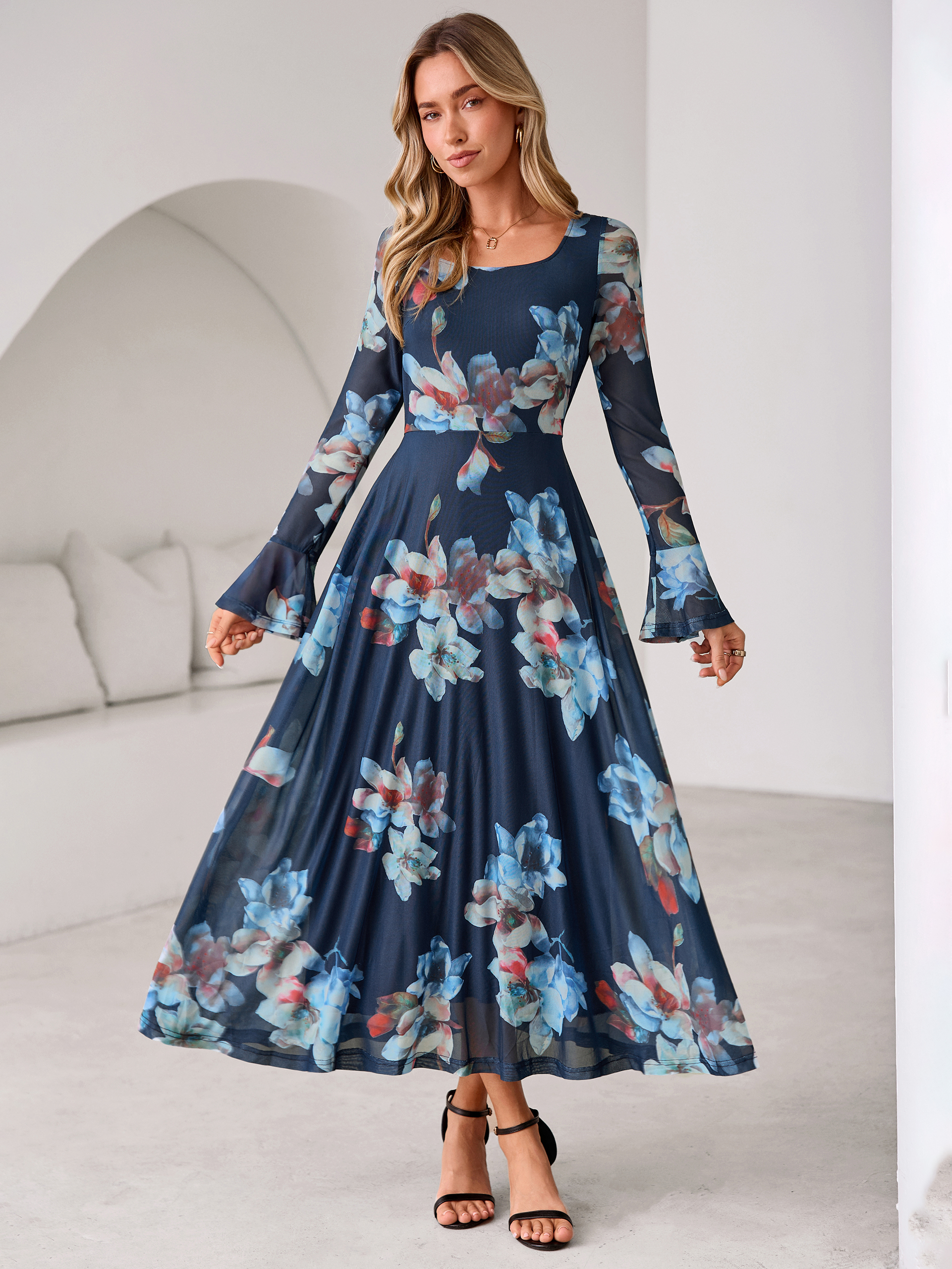 Square Neck Floral Mesh Bell Sleeve Maxi Dress - Blue Floral