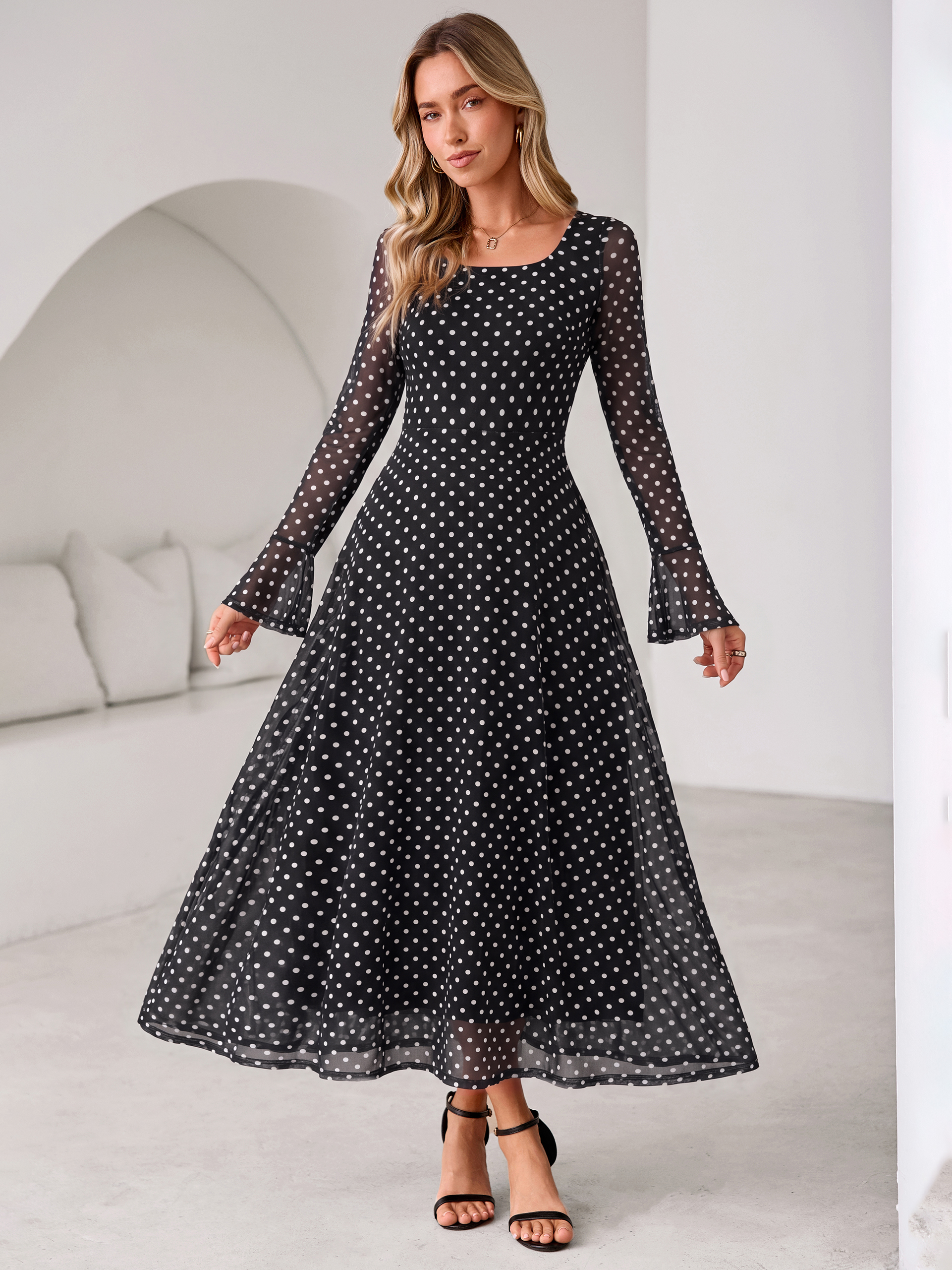 Polka Dot Print Square Neck Mesh Maxi Dress