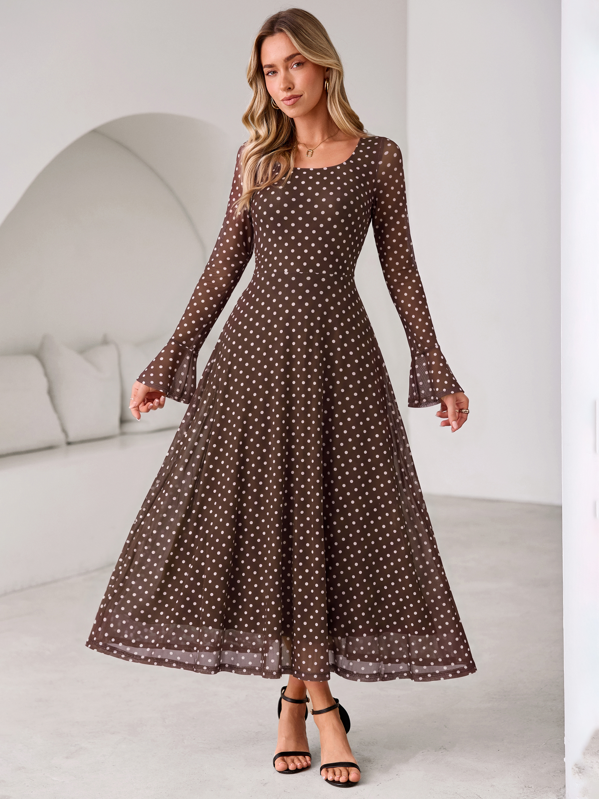 Polka Dot Print Square Neck Mesh Maxi Dress