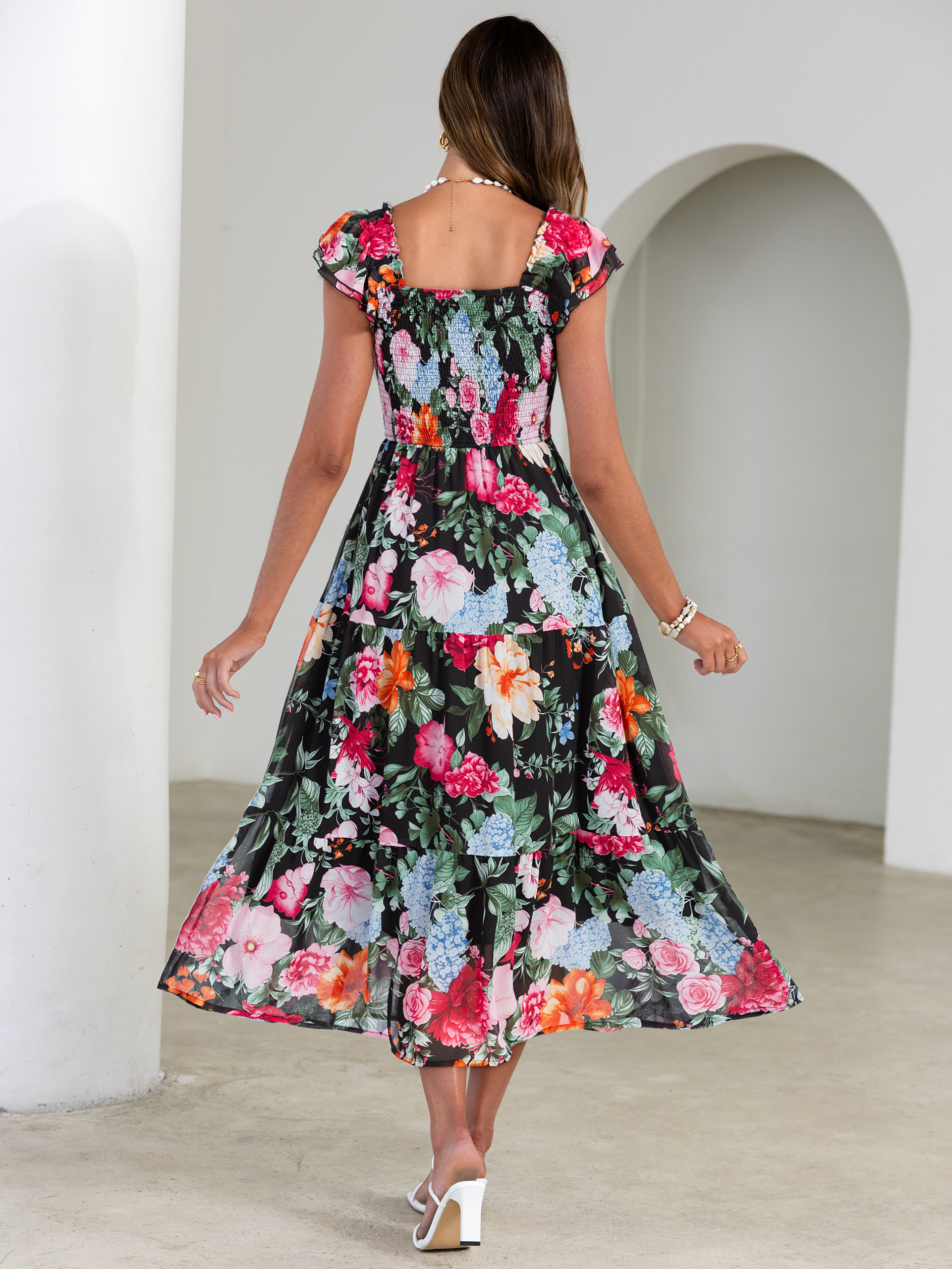 Floral Print Smocked Tiered Maxi Dress