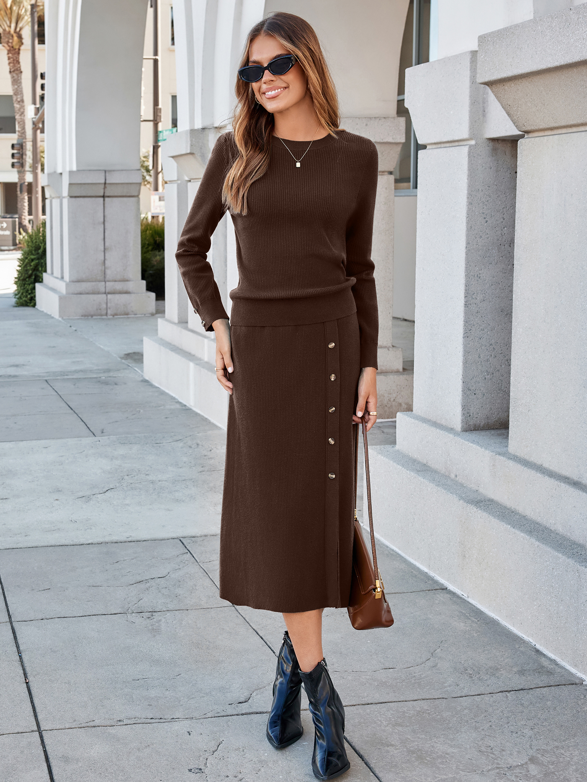 Crewneck Ribbed Knit Long Sleeve Midi Skirt Set
