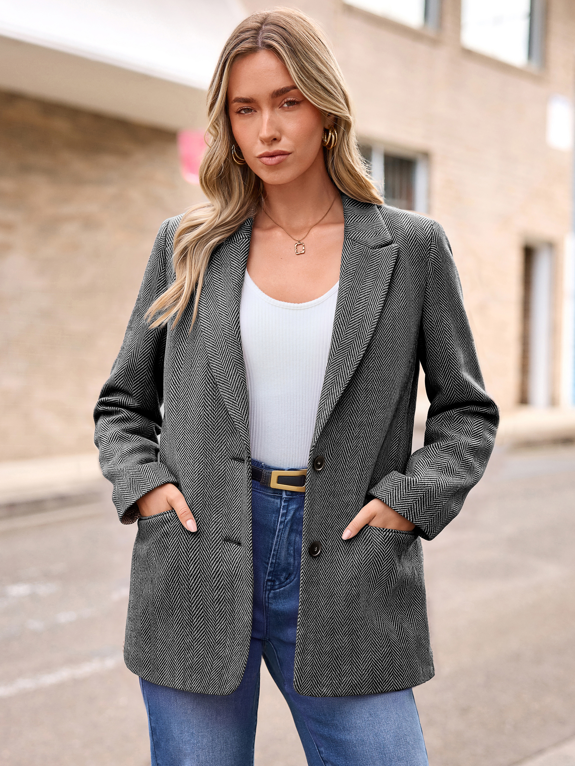 Notched Lapel Two-Button Wool-Like Blazer