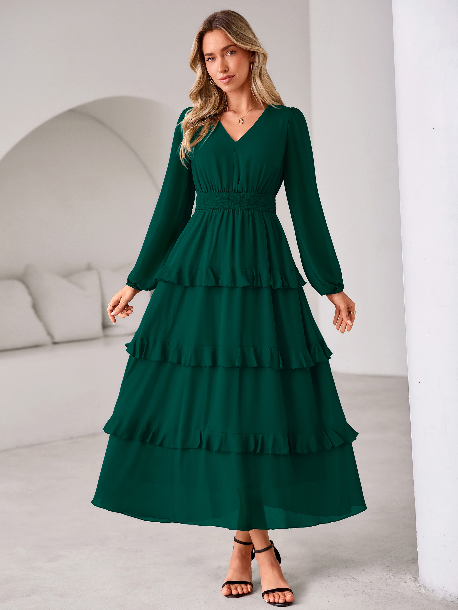V-Neck Smocked Waist Tiered Ruffle Chiffon Maxi Dress