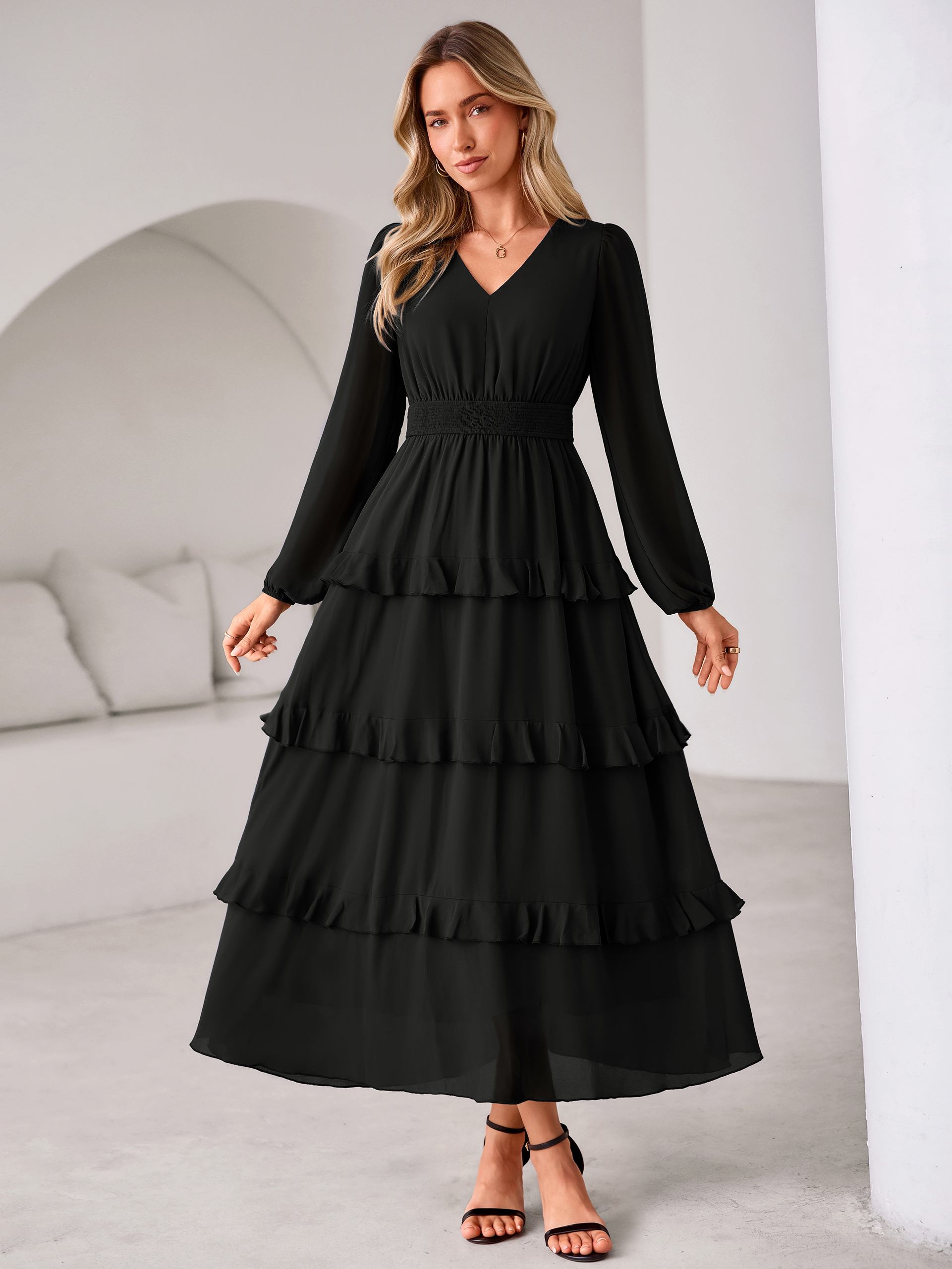 V-Neck Smocked Waist Tiered Ruffle Chiffon Maxi Dress