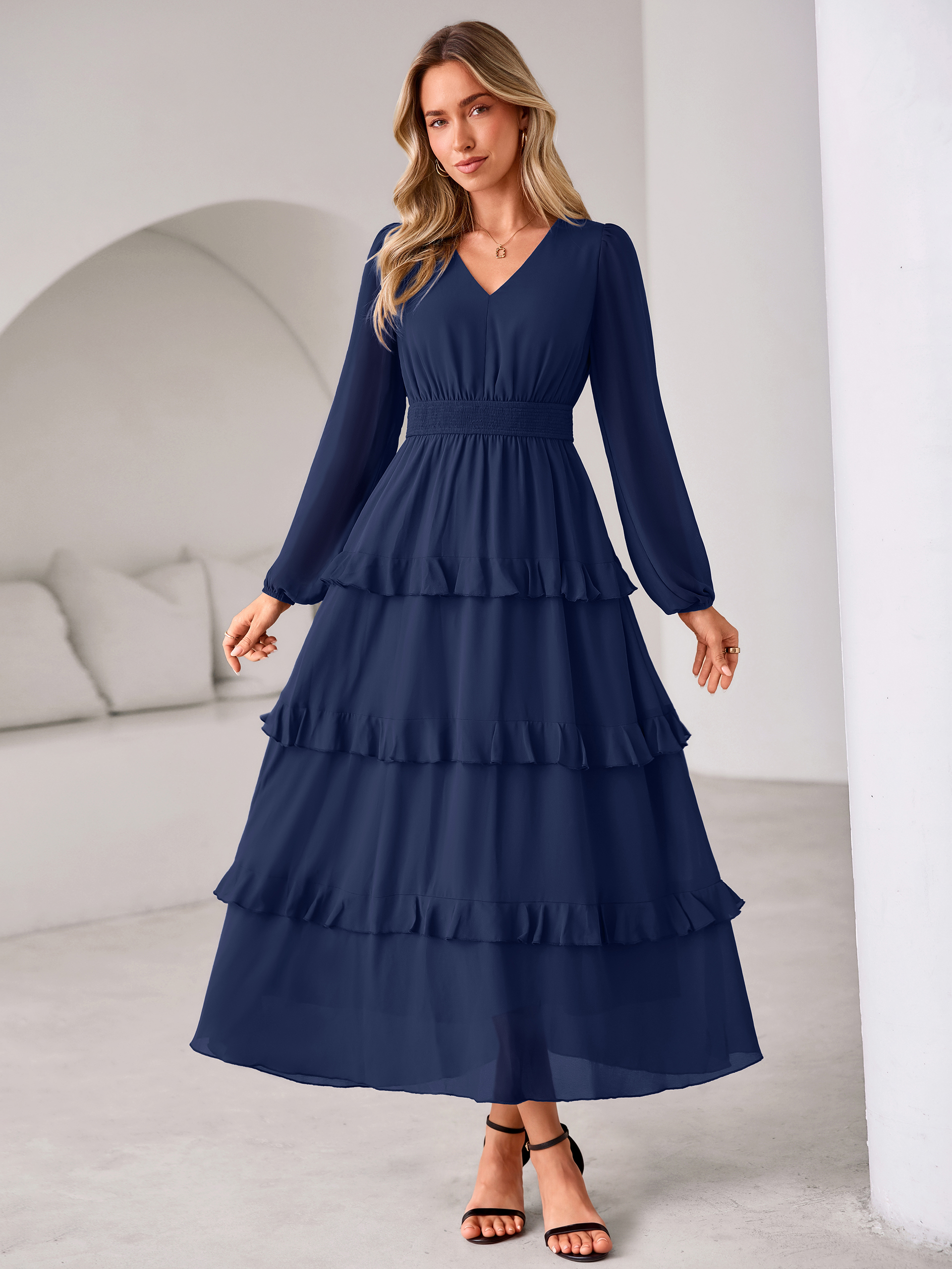 V-Neck Smocked Waist Tiered Ruffle Chiffon Maxi Dress