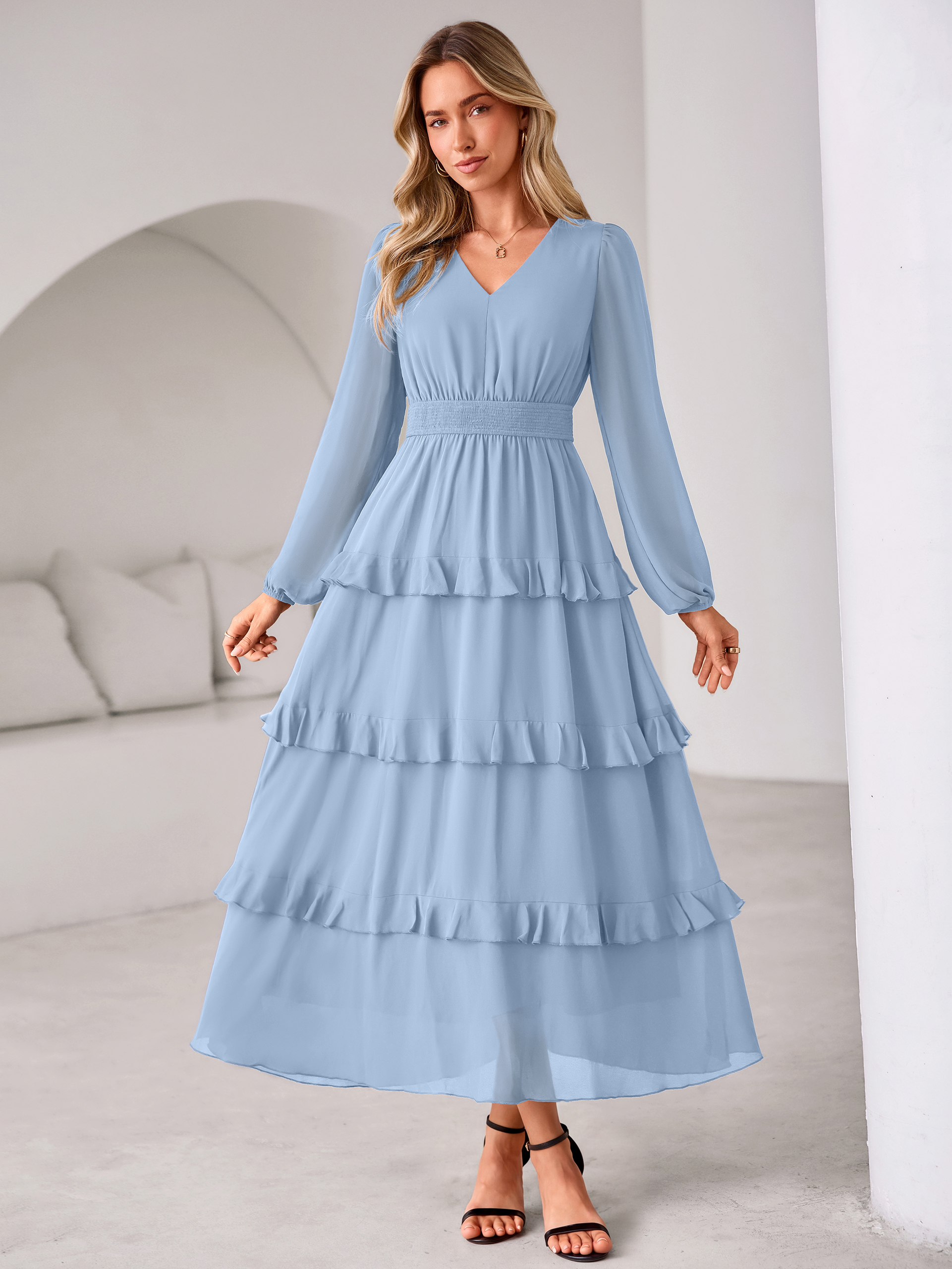 V-Neck Smocked Waist Tiered Ruffle Chiffon Maxi Dress