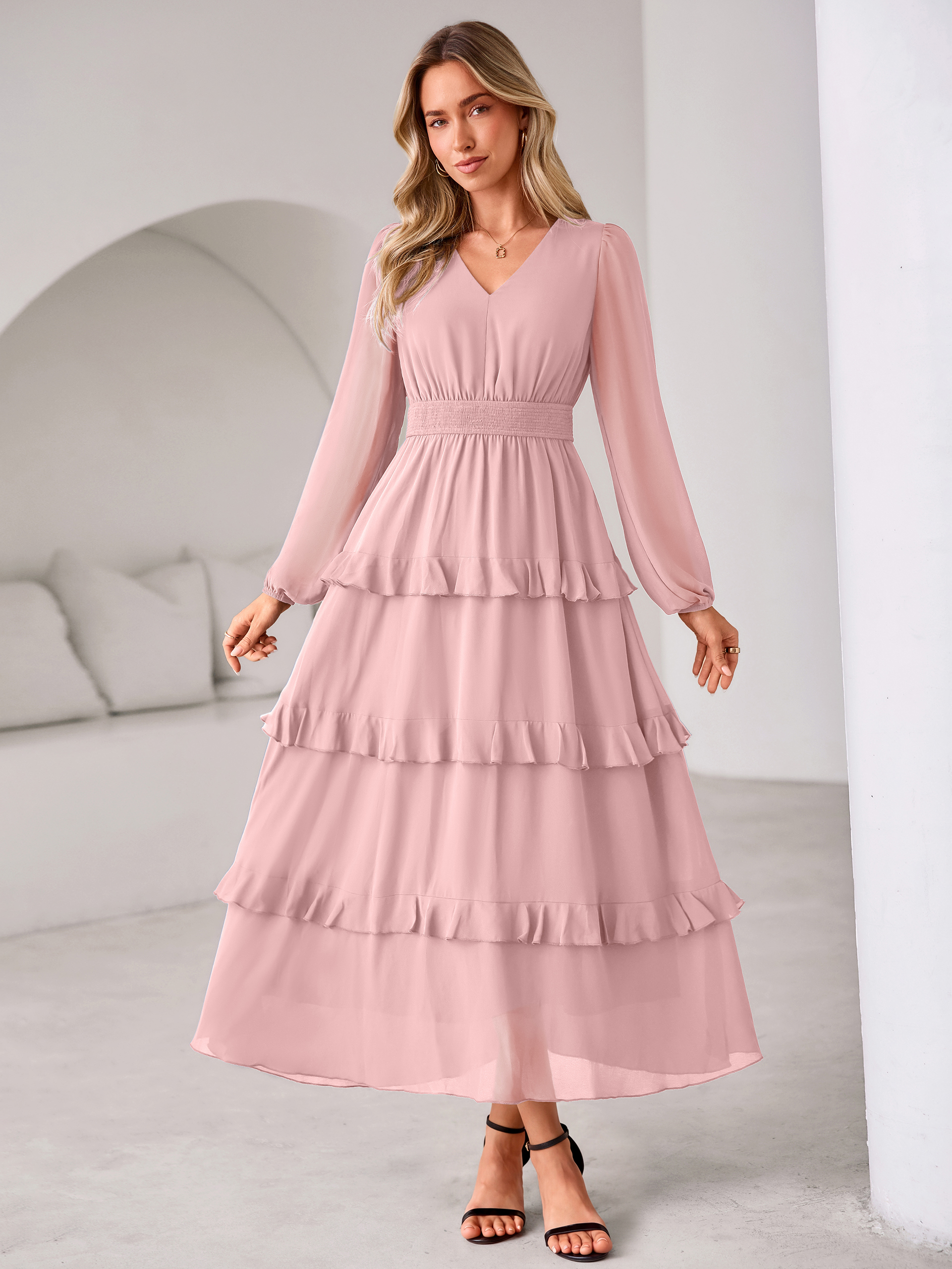 V-Neck Smocked Waist Tiered Ruffle Chiffon Maxi Dress