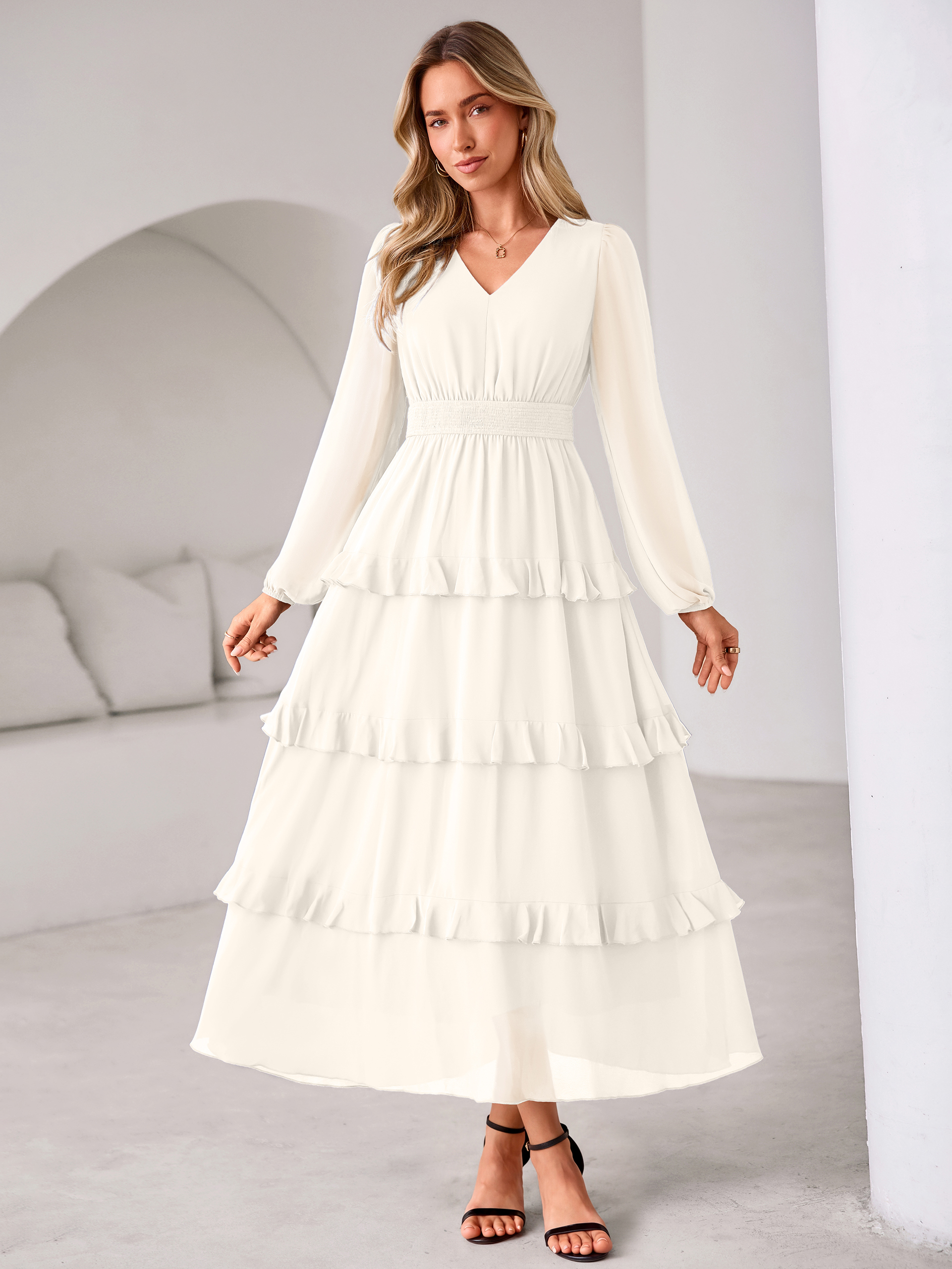 V-Neck Smocked Waist Tiered Ruffle Chiffon Maxi Dress