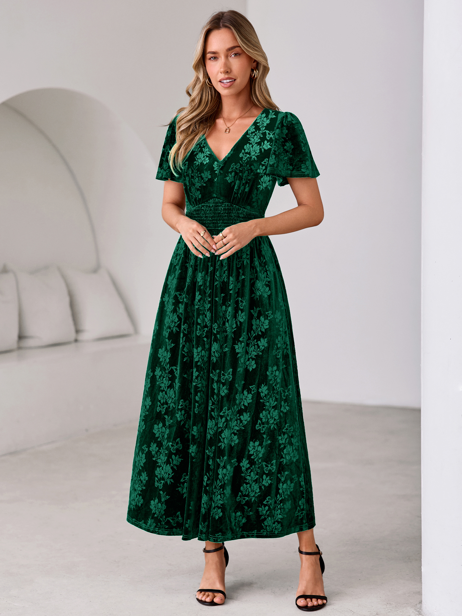 V-Neck Embossed Floral Velvet Maxi Dress