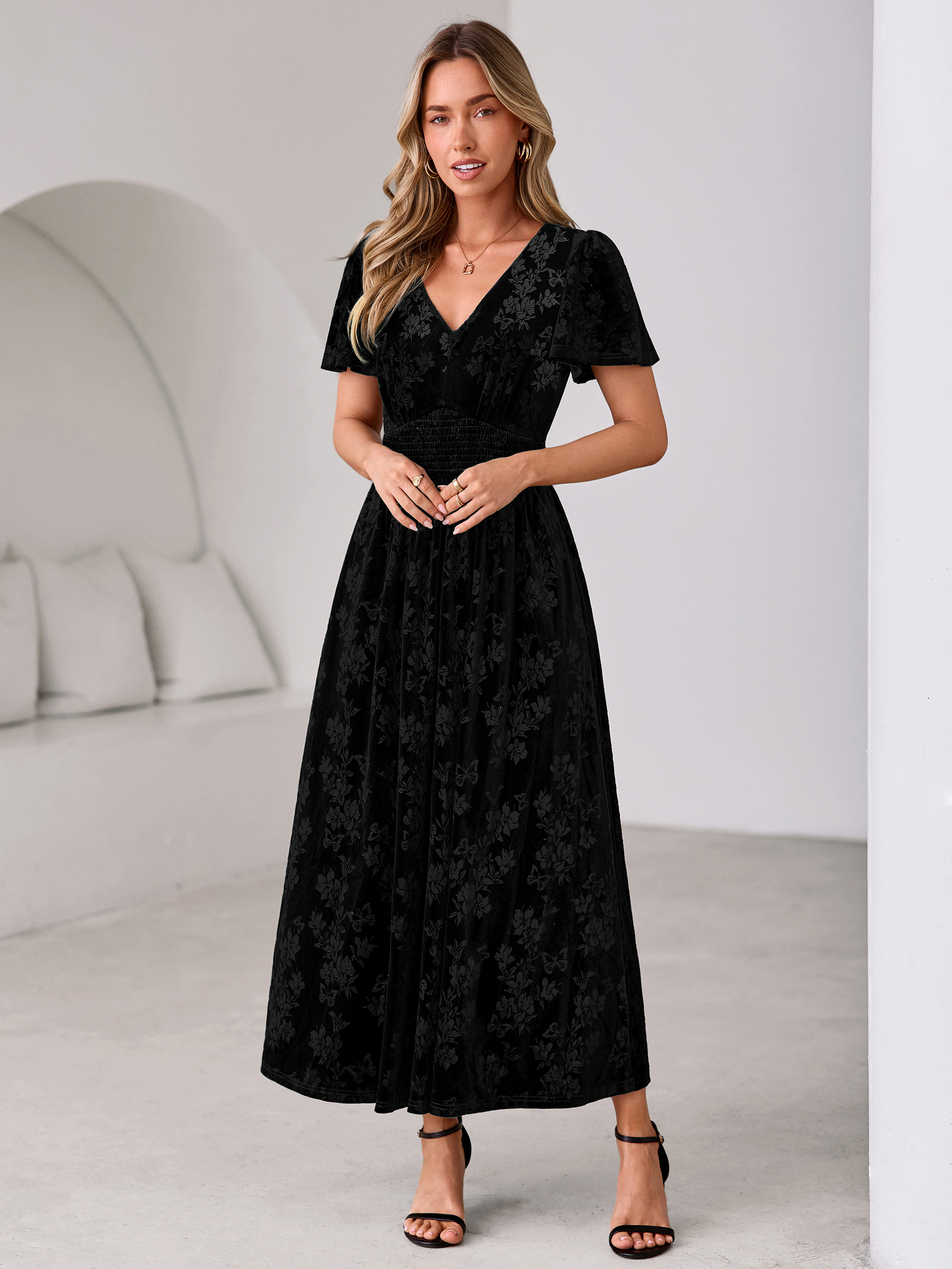 V-Neck Embossed Floral Velvet Maxi Dress