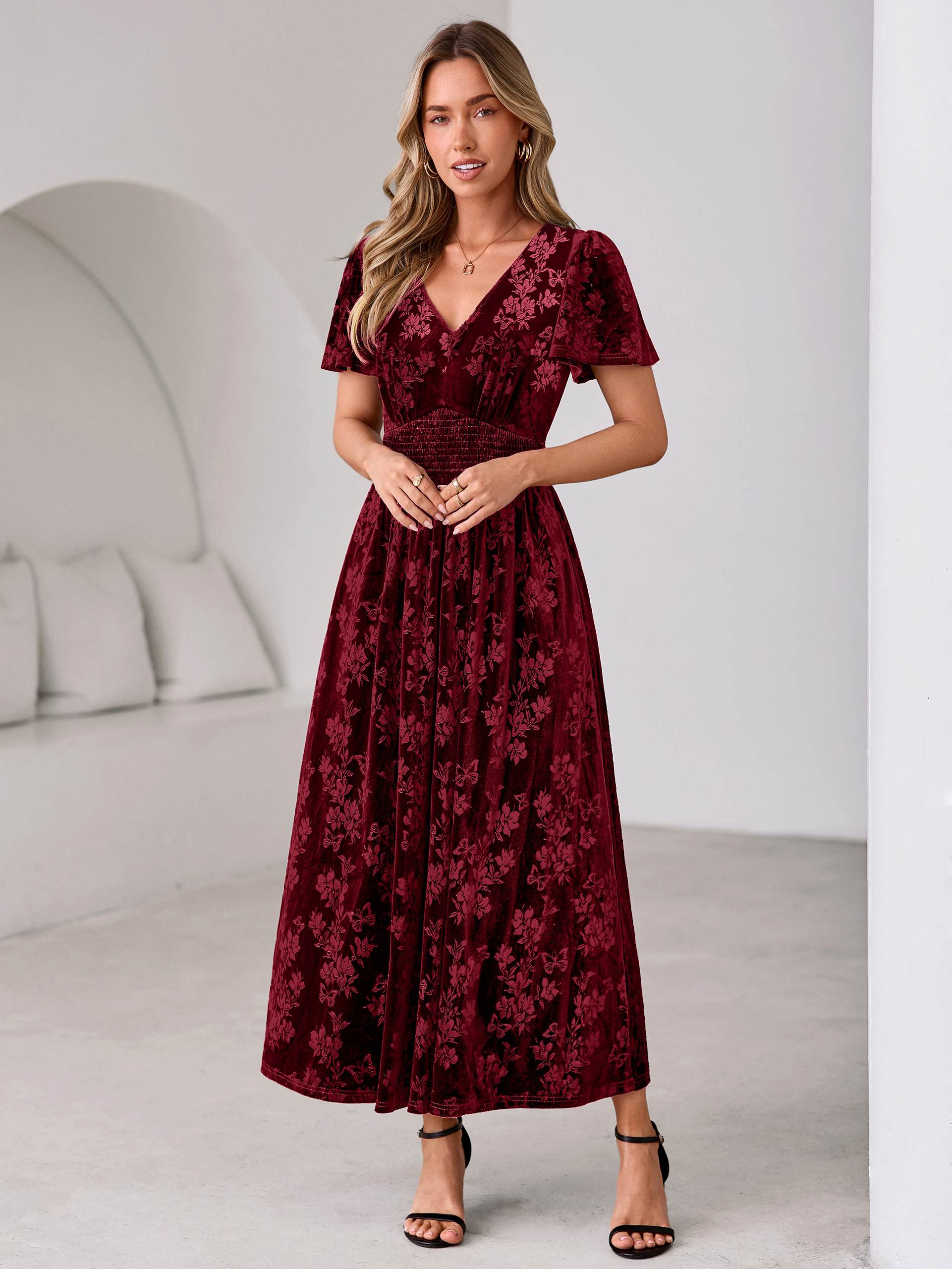 V-Neck Embossed Floral Velvet Maxi Dress
